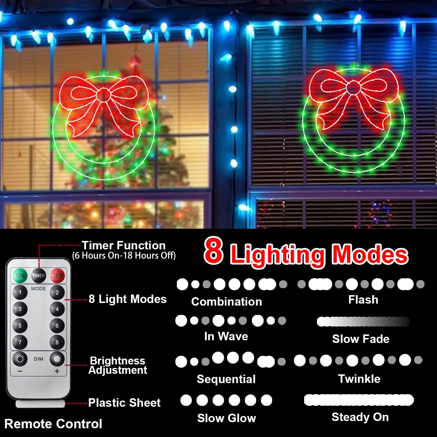CESOF Christmas Wreath Window Lights Decorations, 14" Lighted Christmas Wreath with Bow, Remote Control Timer USB Powered Window Silhouette Lights for Home Door Wall Home Winter Xmas Party Decor