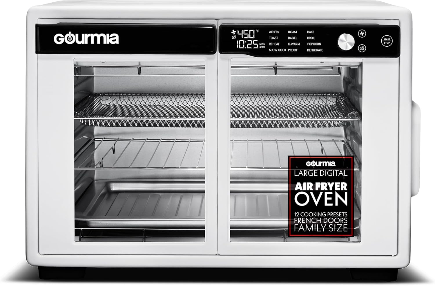 Gourmia French Door Digital Air Fryer Oven - XL 37QT Capacity, 12 Presets, FryForce 360° Tech, Dehydrate, Proof, Slow Cook, Fits 13” Pizza, 1700W, White