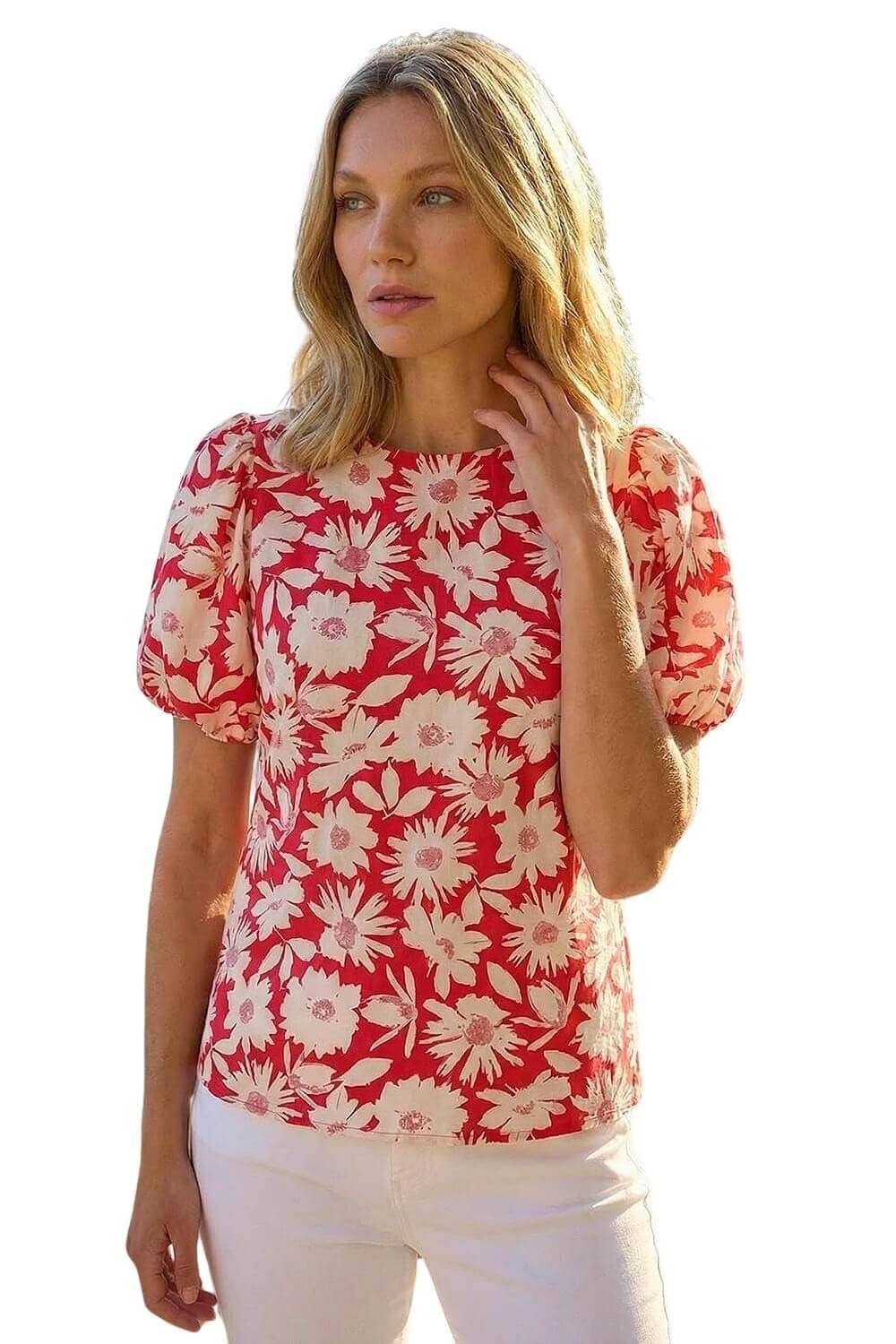 Roman Originals Balloon Short Sleeve Top for Women UK - Ladies Everyday Holiday Spring Summer Round Neckline Comfy Soft Evening Vacation Work Party - Red - Size 18