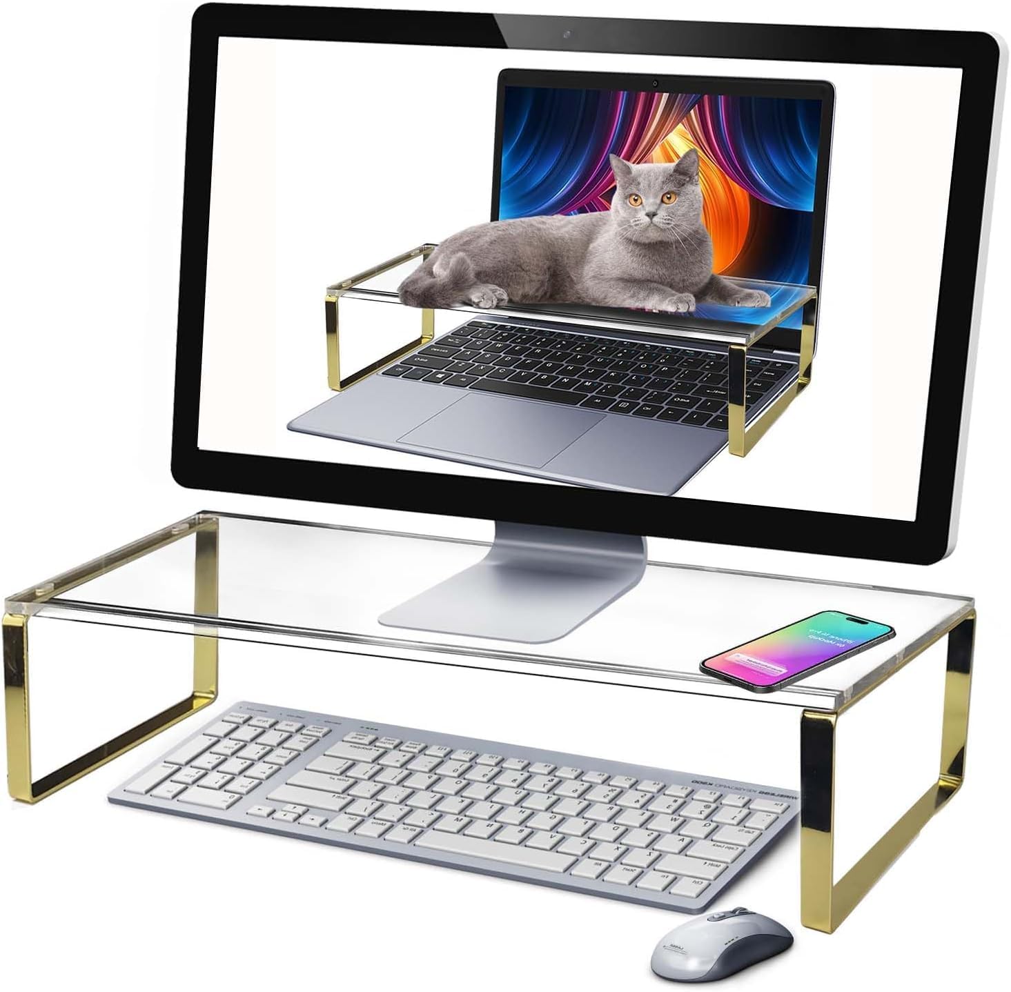 Keyboard Cat Protector - 20" Large Monitor Stand 2 in 1 Clear Acrylic Keyboard Cover Long Acrylic Monitor Stand Keyboard Protective Cover