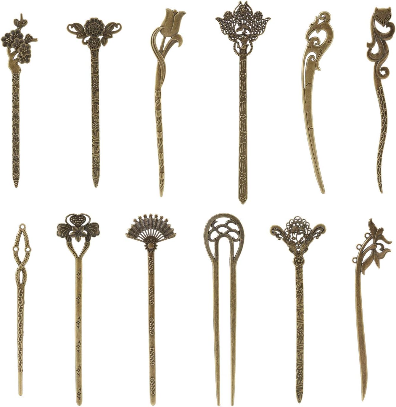 Lawie 12 Pack Vintage Retro Ancient Chinese Japanese Metal Hair Sticks Pins Picks Carved Long Straight Horn Fork Pen Hairpins Chopsticks Clips Barrettes for Bun Chignon Decorative Hair Holder Bulk