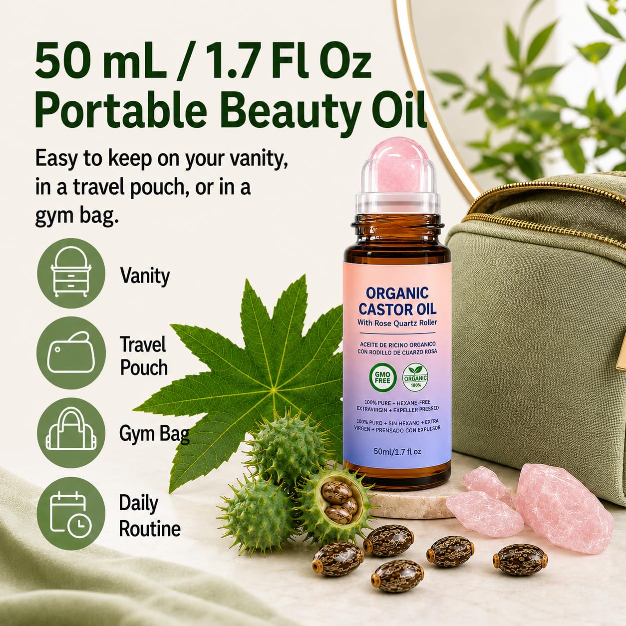 Organic Castor Oil Roll On with Rose Quartz Roller, 100% Pure Cold Pressed Hexane Free, 1.7 fl oz / 50 mL Portable Serum for Eyelashes, Eyebrows, Hair, Scalp, Skin, Nails, Cuticles, Travel Applicator