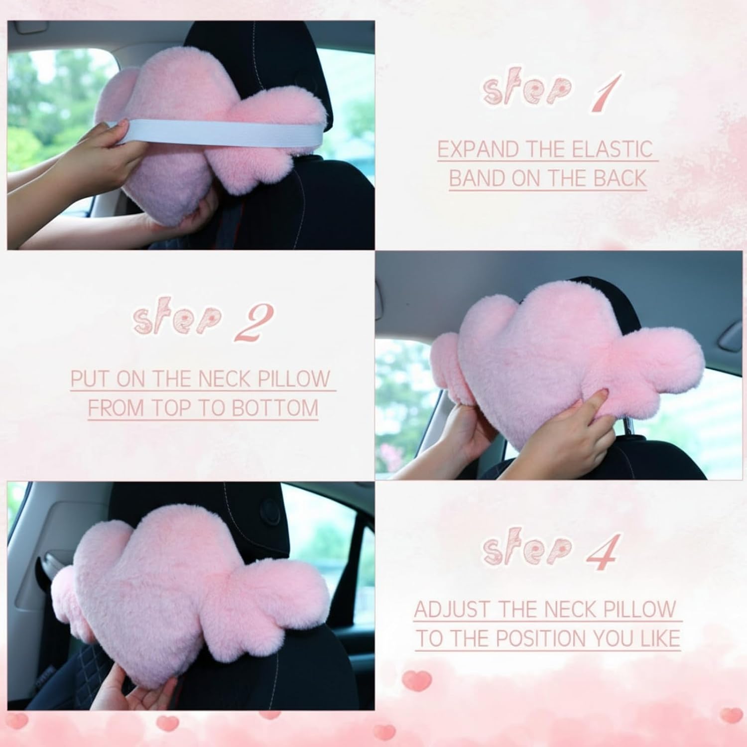 Macarrie 2 Pcs Plush Heart Shaped Pillow with Angel Wings Car Headrest Soft Comfortable Seat Pillow for Driving Travelling Room Office Car Decor, 19.7 x 8.3 Inch(Pink)