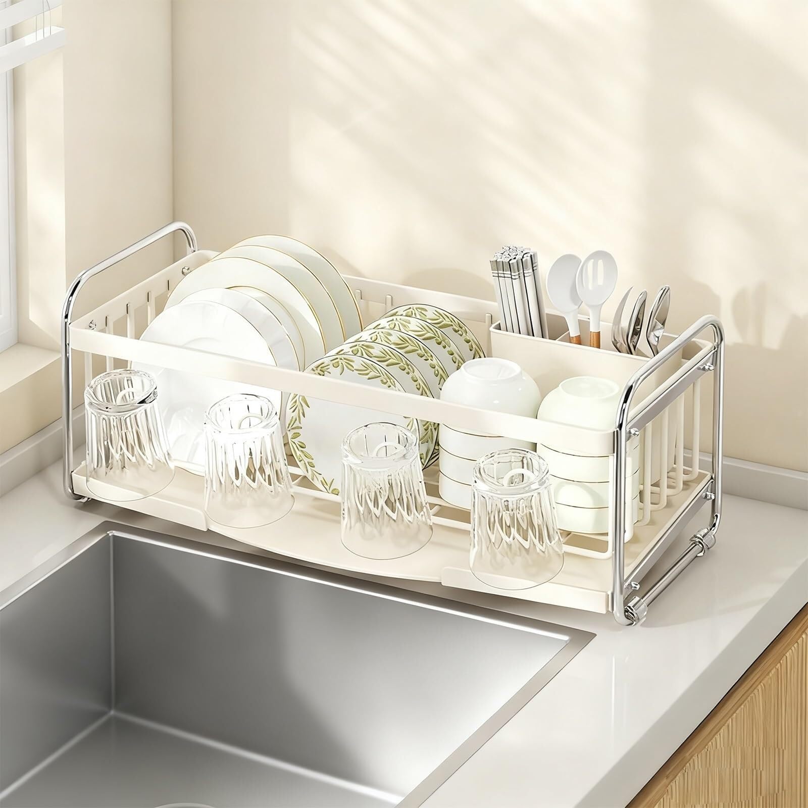 WLH Alexanders Compact Small Dish Drying Rack for Kitchen Counter Narrow Metal Dish Drainer with Utensil Holder Space Saving dish rack(Milky White,Bare frame)
