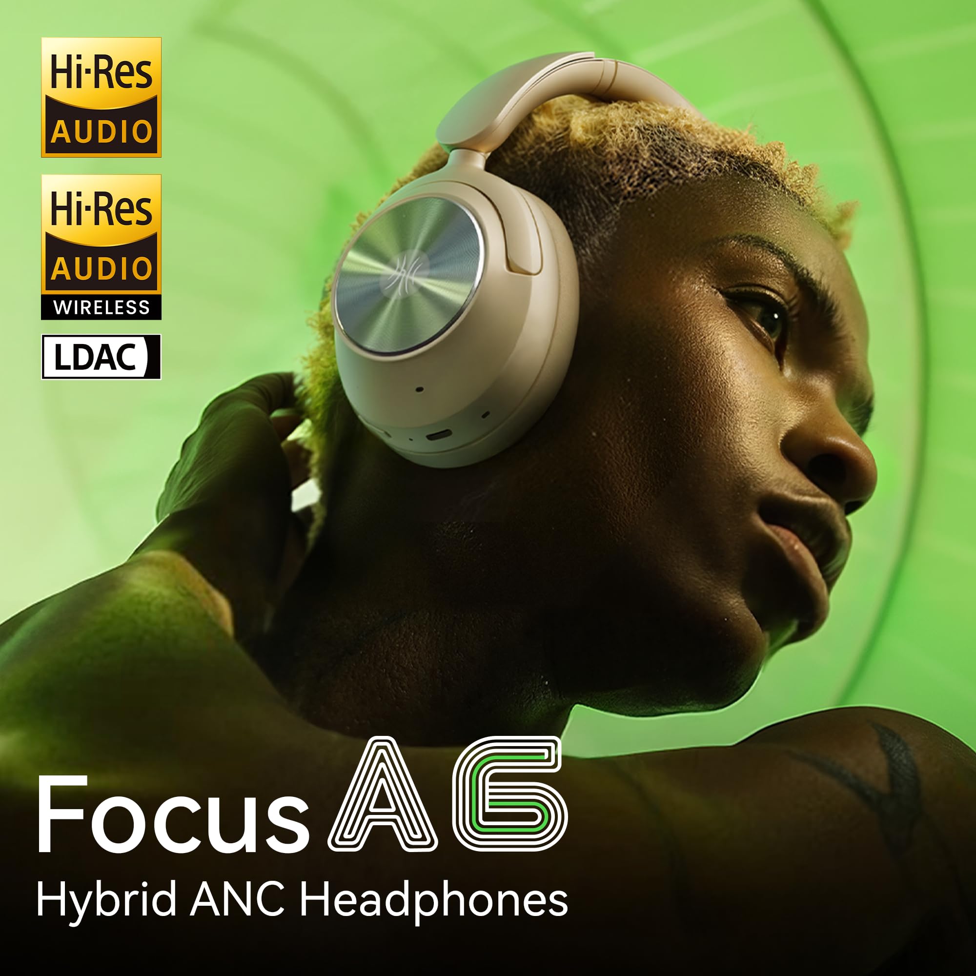 OneOdio Focus A6 Cuffie Ibride Attive ad Annullamento del Rumore, Tempo di Gioco 75H, Audio Senza Perdita LDAC Hi-Res, Bluetooth 6.0, Controllo APP, Cuffie Wireless per Viaggi