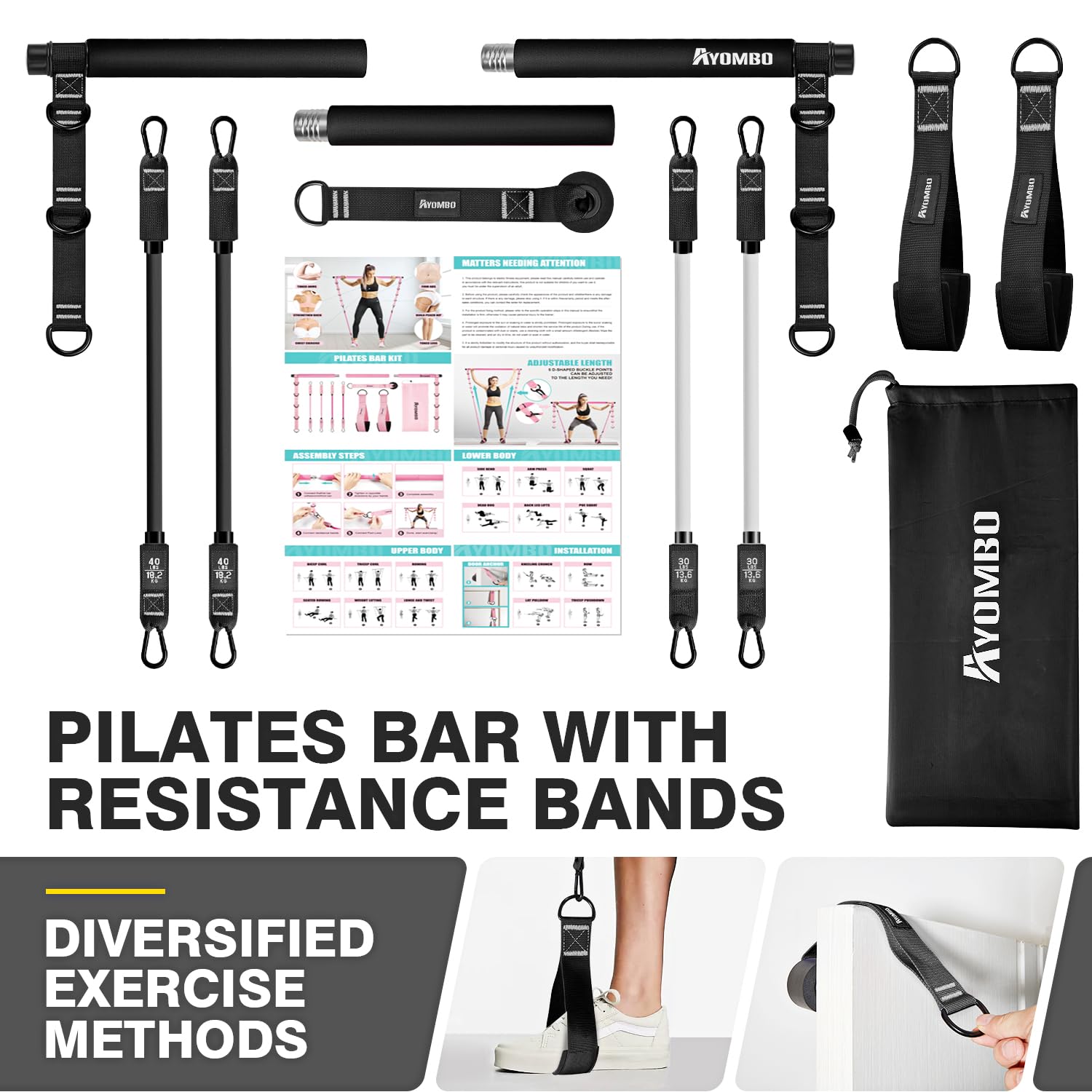 Equipo de pilates, kit de barra de pilates con bandas de resistencia para mujeres, equipo de entrenamiento en casa para piernas, cadera, cintura, brazo, equipo de ejercicio de sentadillas para