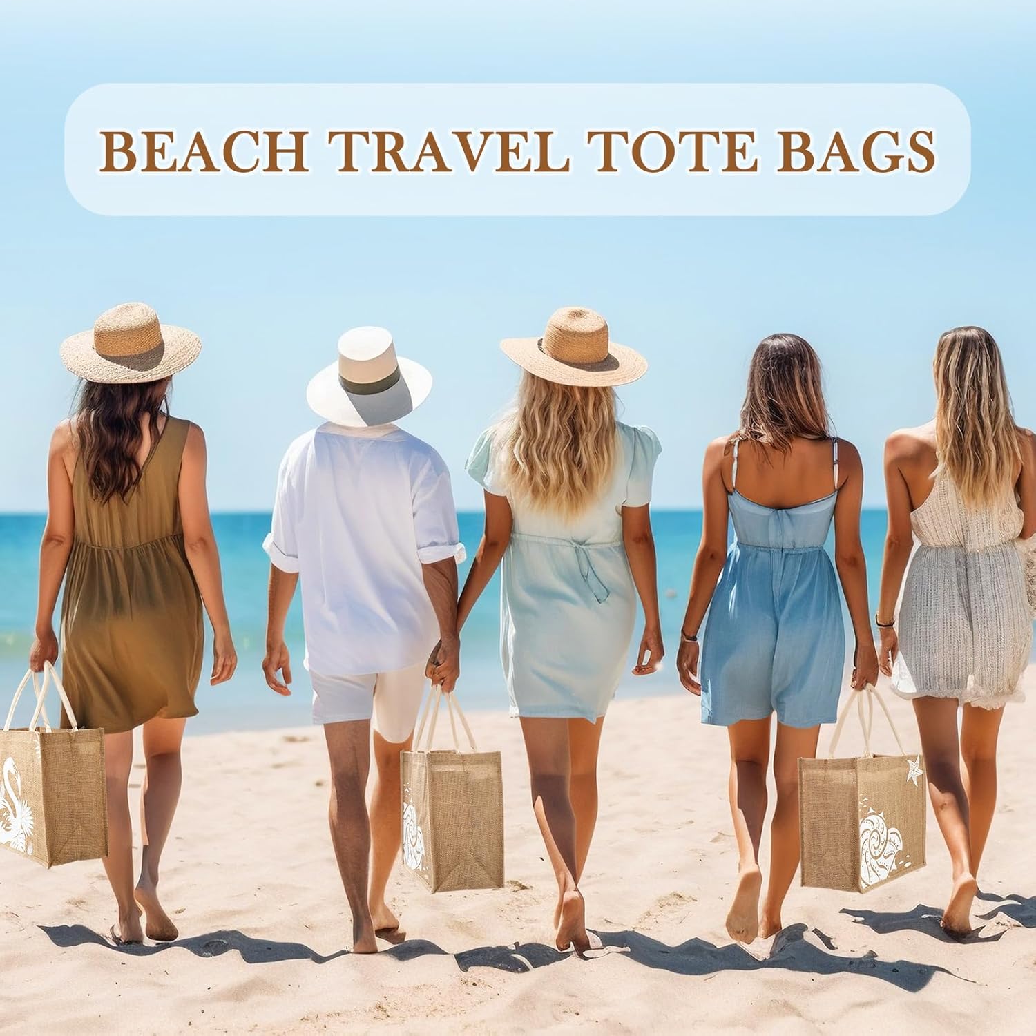 Coume 6 Pack Beach Burlap Tote Bags Bulk Large Beach Jute Tote Bag with Handles 14.2" x 12.6" x 7.5" for DIY Bridesmaid Gift(Main White) - Image 6