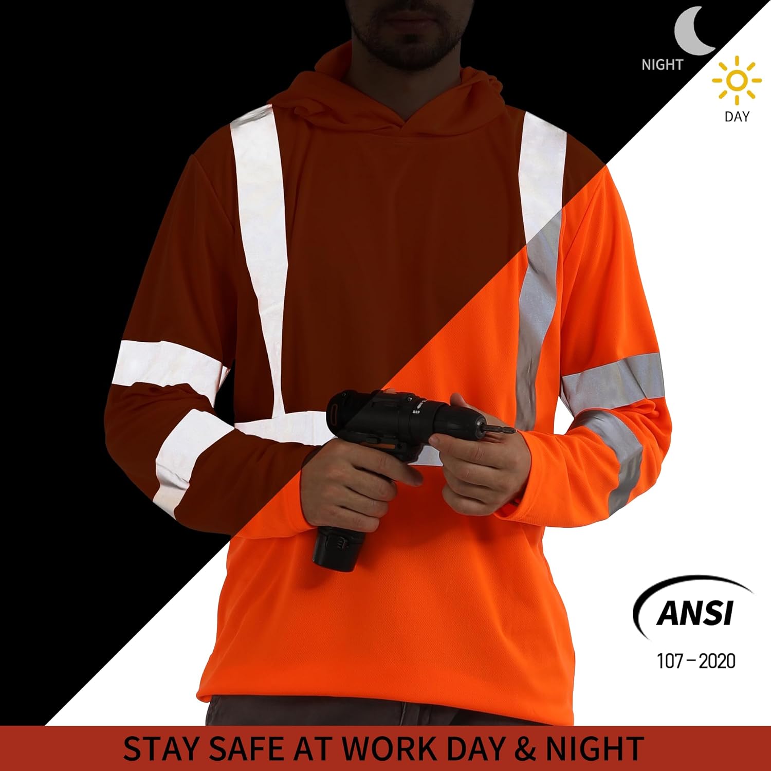 FATONE Hi Vis Shirts Long Sleeve for Work, Class 3 High Visibility Shirts for Men with Hood Reflective, Safety Shirt for Construction 3 PCS, Orange 2XL