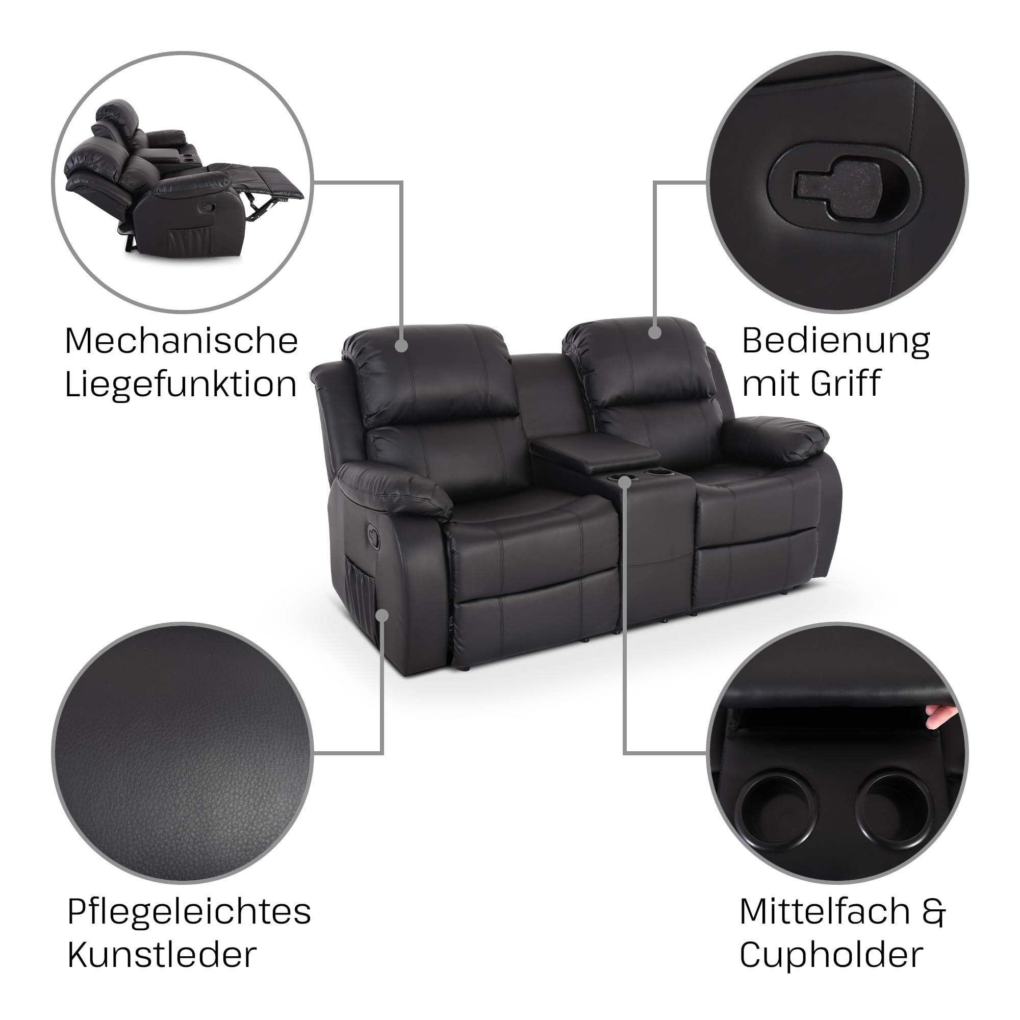 Raburg Kinosessel, 2er-Fernsehsessel, mechanische Relax- und Liegefunktion, manuelle Easy-Lift-Funktion, 2× Getränkehalter & Snackfach, Komfortpolsterung, 120 kg Tragkraft, Star, Kunstleder|Schwarz