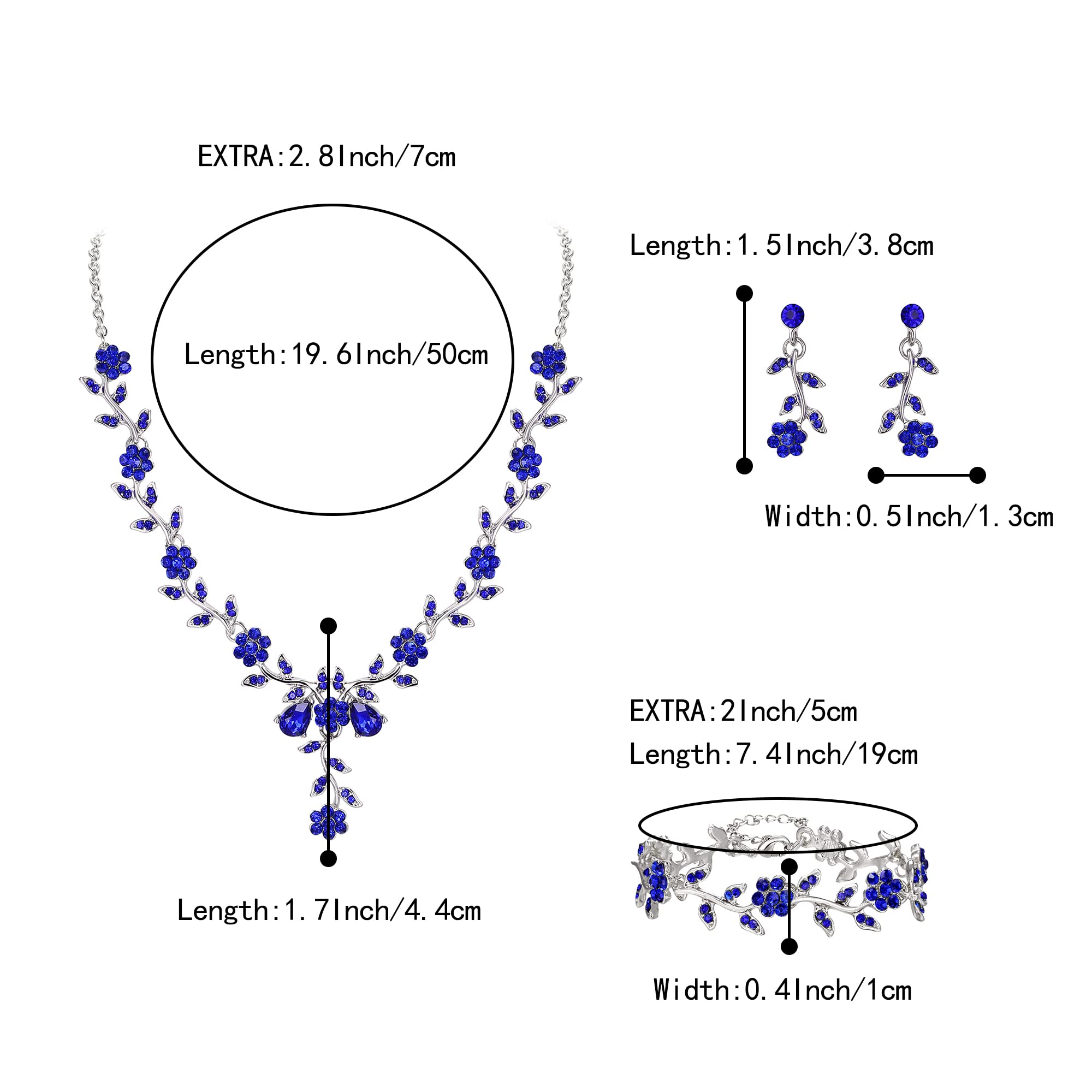 Parure Bijoux de Mariage Fête Feuille Fleur Cristal Collier Pendaison Boucles d'oreilles et Bracelet Set pour Femme Bleu Ton Noir