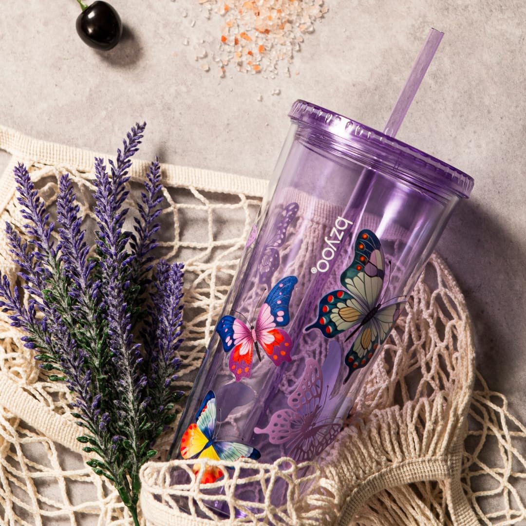 bzyoo SIP 24oz (710ml) Double Wall Plastic Tumbler with Lid and Straw Cold Drink Travel Mug Reusable Party Cup Perfect for Ice Coffee, Tea Office Poolside Parties Gifts Color: Butterfly Purple - Image 3