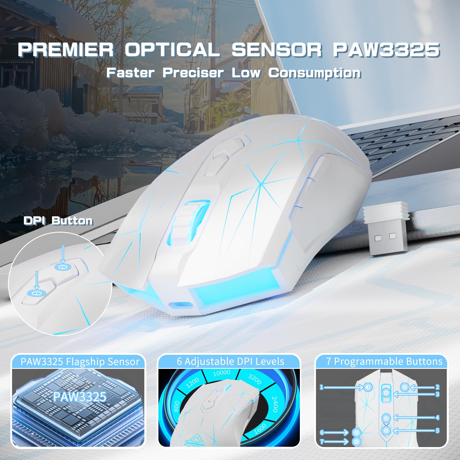 AJ52PRO Bezprzewodowa Mysz do Gier, Lekka Mysz do Gier z Tri-Mode - 2.4G/BT5.0/USB Wired, Do 10 000 DPI, Ergonomiczna PC Gaming Mice z Rainbow LED Backlight i 8 Przyciskami do Win/Mac - Gwiazda Biała