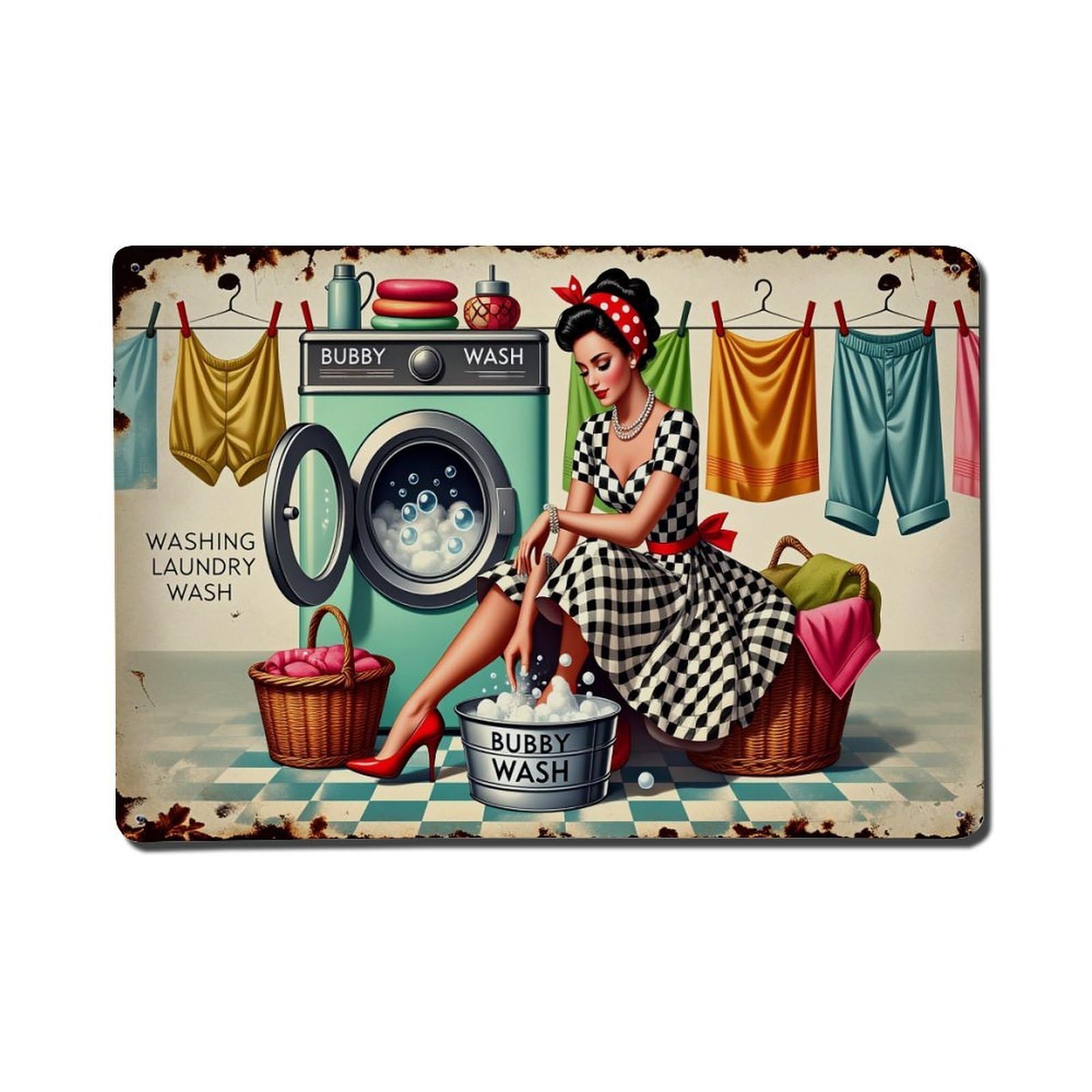 Retro Vintage Woman Laundry Scene Checkerboard Dress Tin Sign Vintage Metal Poster, Home Bar Garage Man Cave Cafe Indoor & Outdoor Wall Decoration 8x12Inches