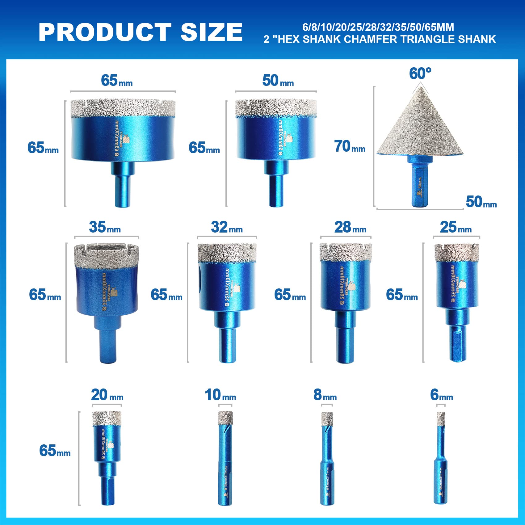 KURSTOL Forets Diamant - 7PCS 6/8/10/20/25/35/50MM Trépans De Forage Trépan Diamant Filetage M14 Pour Perçage à Sec En Porcelaine Carrelage Granit Marbre