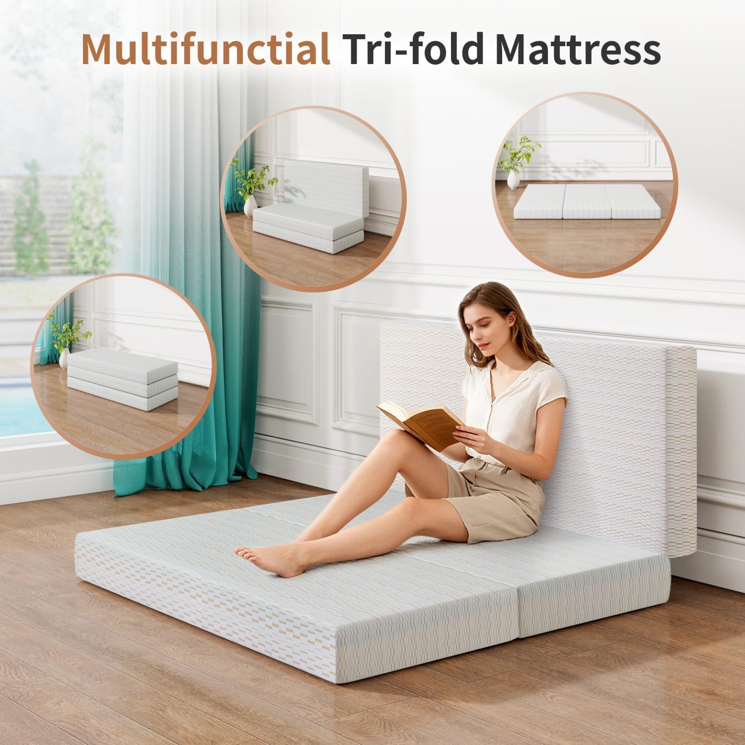 Vipbear Folding Mattress, 6 Inch Tri-fold Mattress Queen Size, Foldable Memory Foam Mattresses Topper with Washable Cover, Floor Bed with Storage Bag for RV& Camping& Home Use