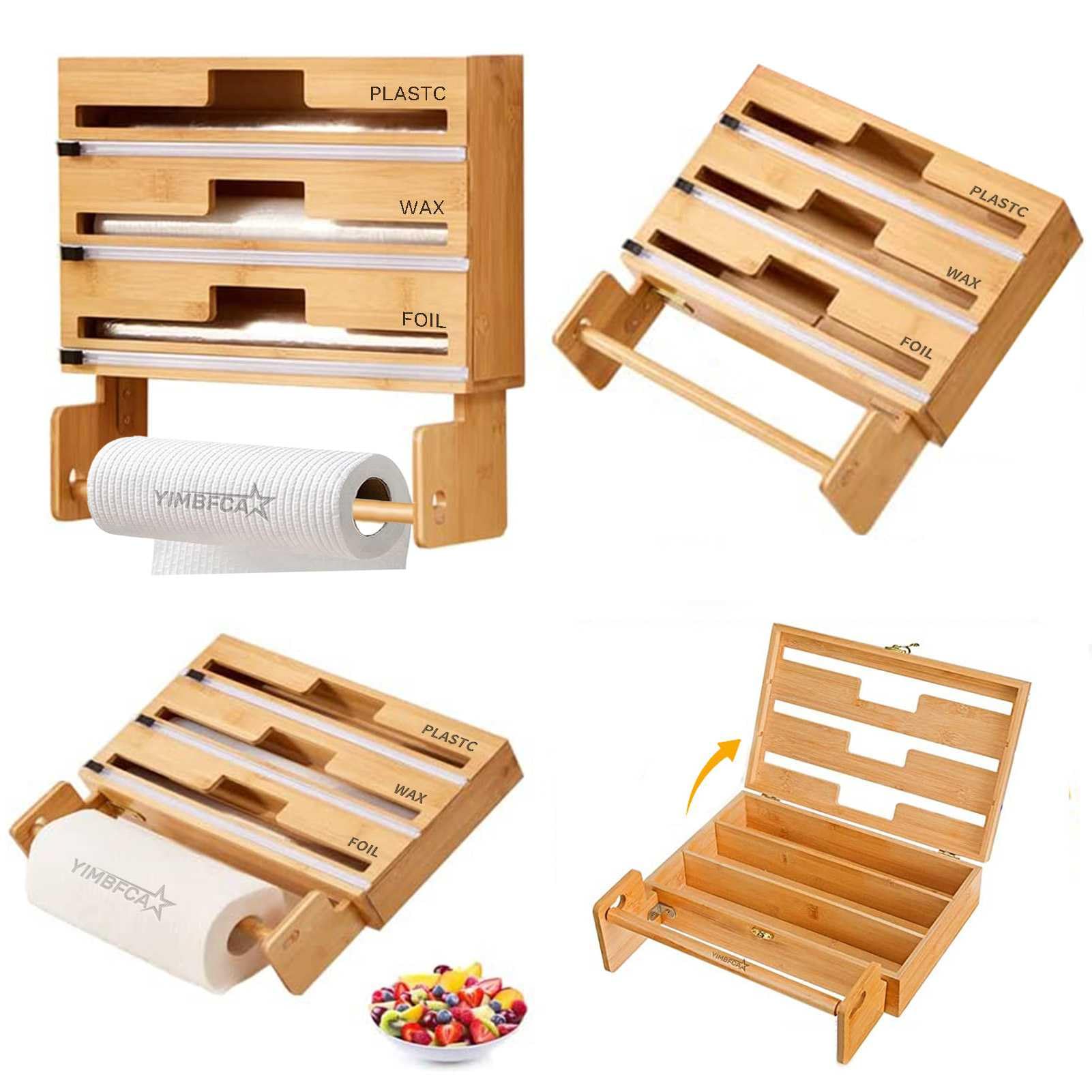 Dispensador y Cortador de Film Transparente, dispensador de Film plástico 4 en 1 con Cortador y Soporte para Toallas de Papel, Organizador de Film y plástico, se Adapta a Rollos de 12"