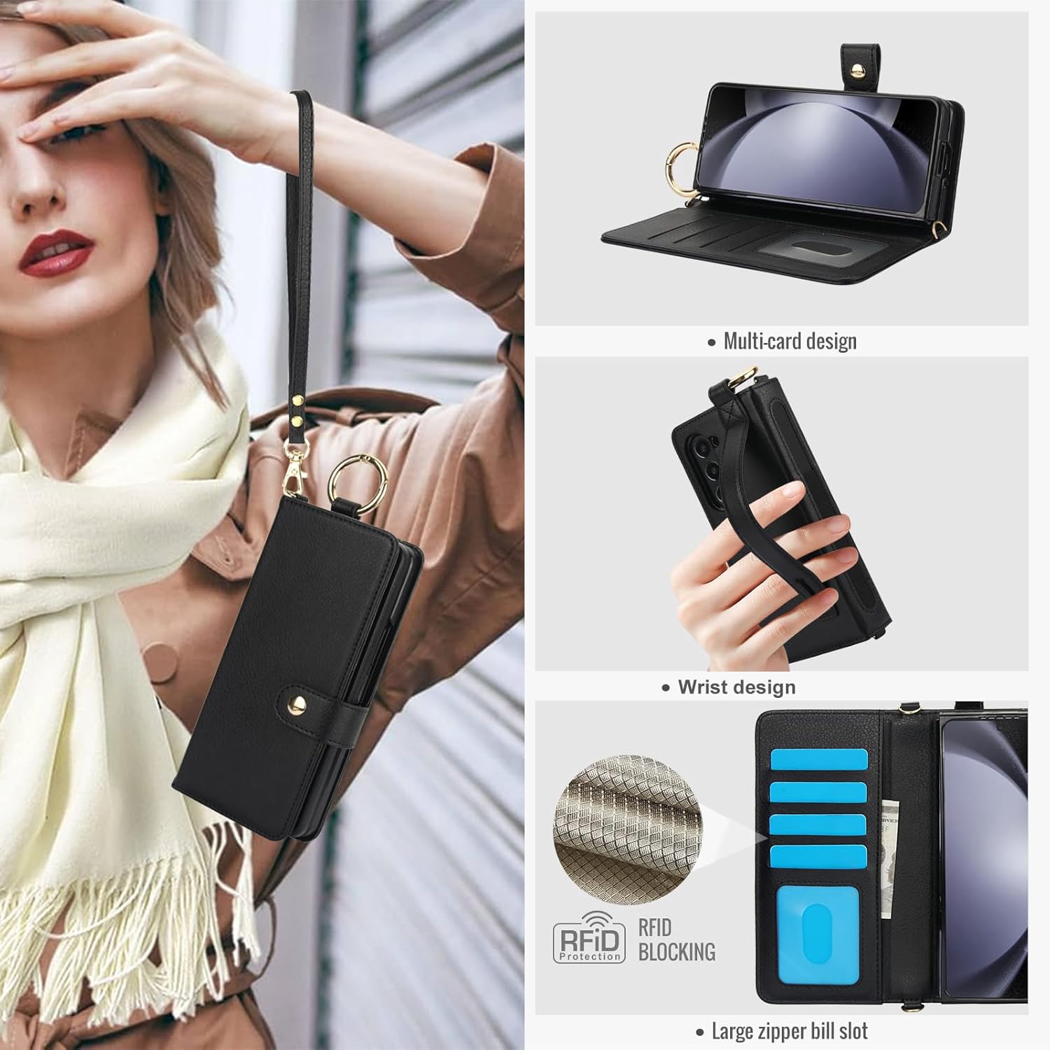 Asuwish Phone Case for Samsung Galaxy Z Fold 5 5G 2023 Wallet Cover with S Pen SPen Slot Credit Card Holder Stand RFID Blocking Slim Wrist Strap Cell Accessories ZFold5 Z5 G Fold5 5Z Women Men Black