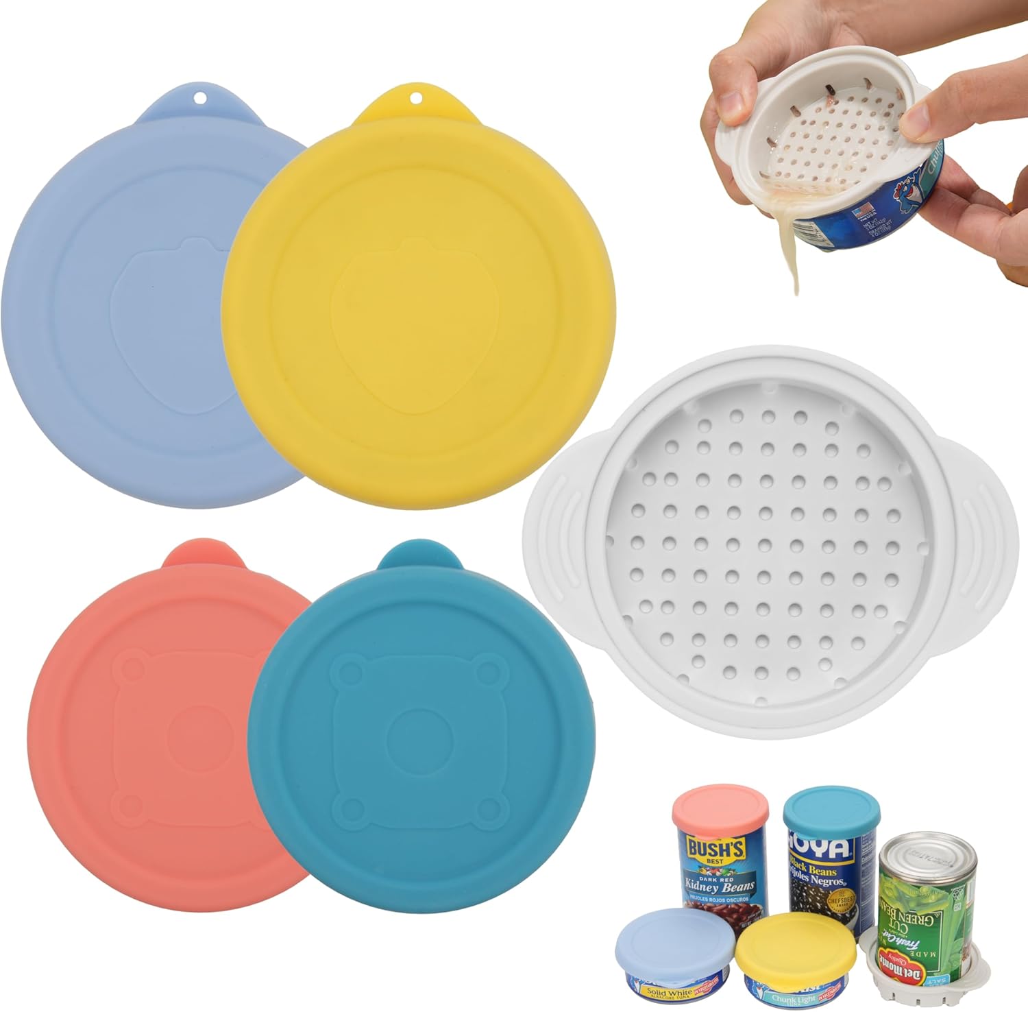 1PCS Tuna Can Strainer with 4 Packs Silicone Lids (3.0-inch & 3.5-inch), Reusable Lids, Canning Oil Drainer, Can Strainer for Vegetables, Great Canning Set, Food Grade Material, Dishwasher Safe