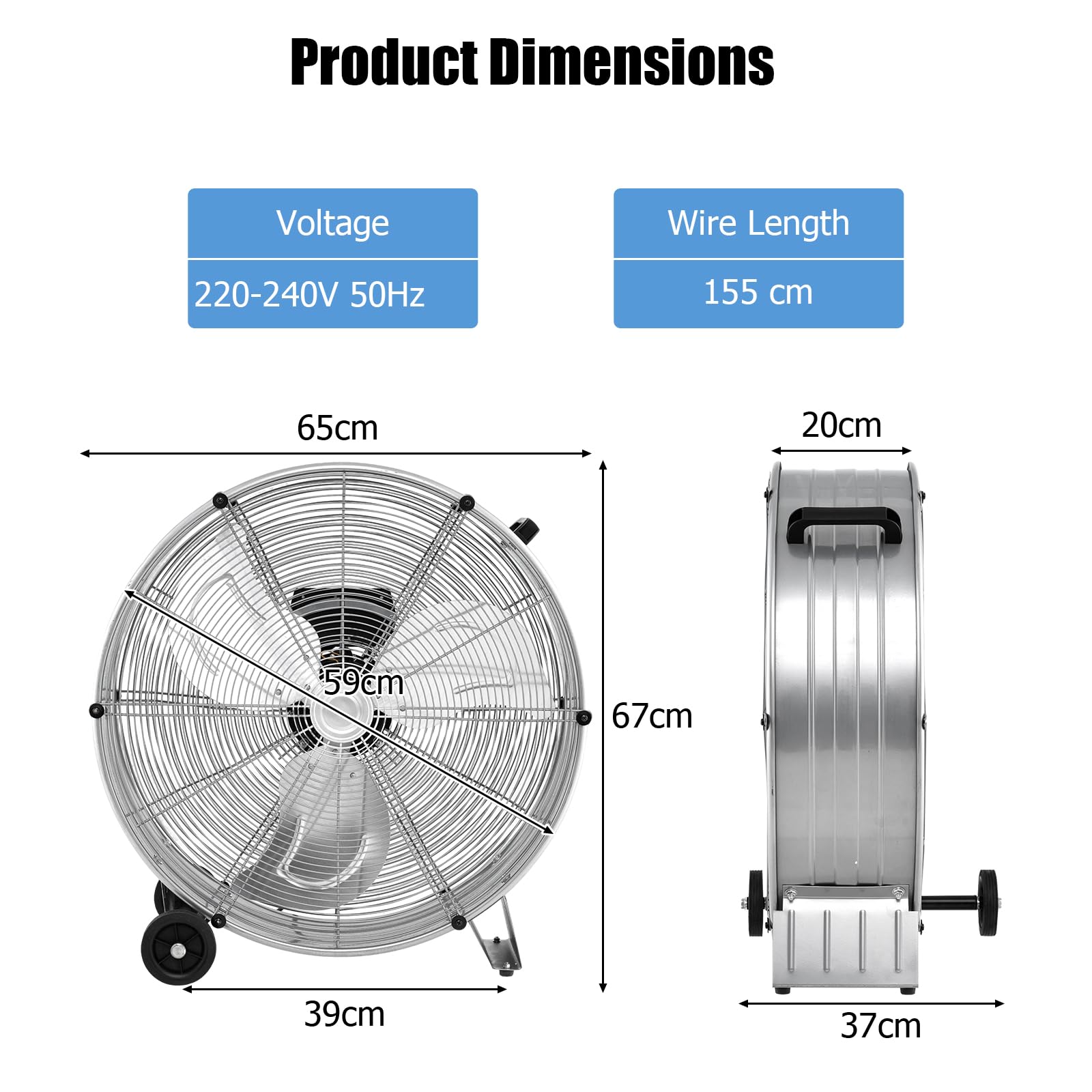 SOARS Ventilatori da Pavimento, 3 Velocità di Vento Regolabili, Ventilatore Industriale in Metallo, 2 Ruote in Gomma, per Magazzino, Officina, Cantina, Ufficio, Ø60 CM (Argento bianco)