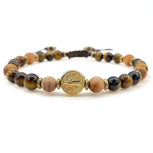 Handmade Men's St benedict Bracelet with Tiger Eye and Wood Stones Adjustable Fit