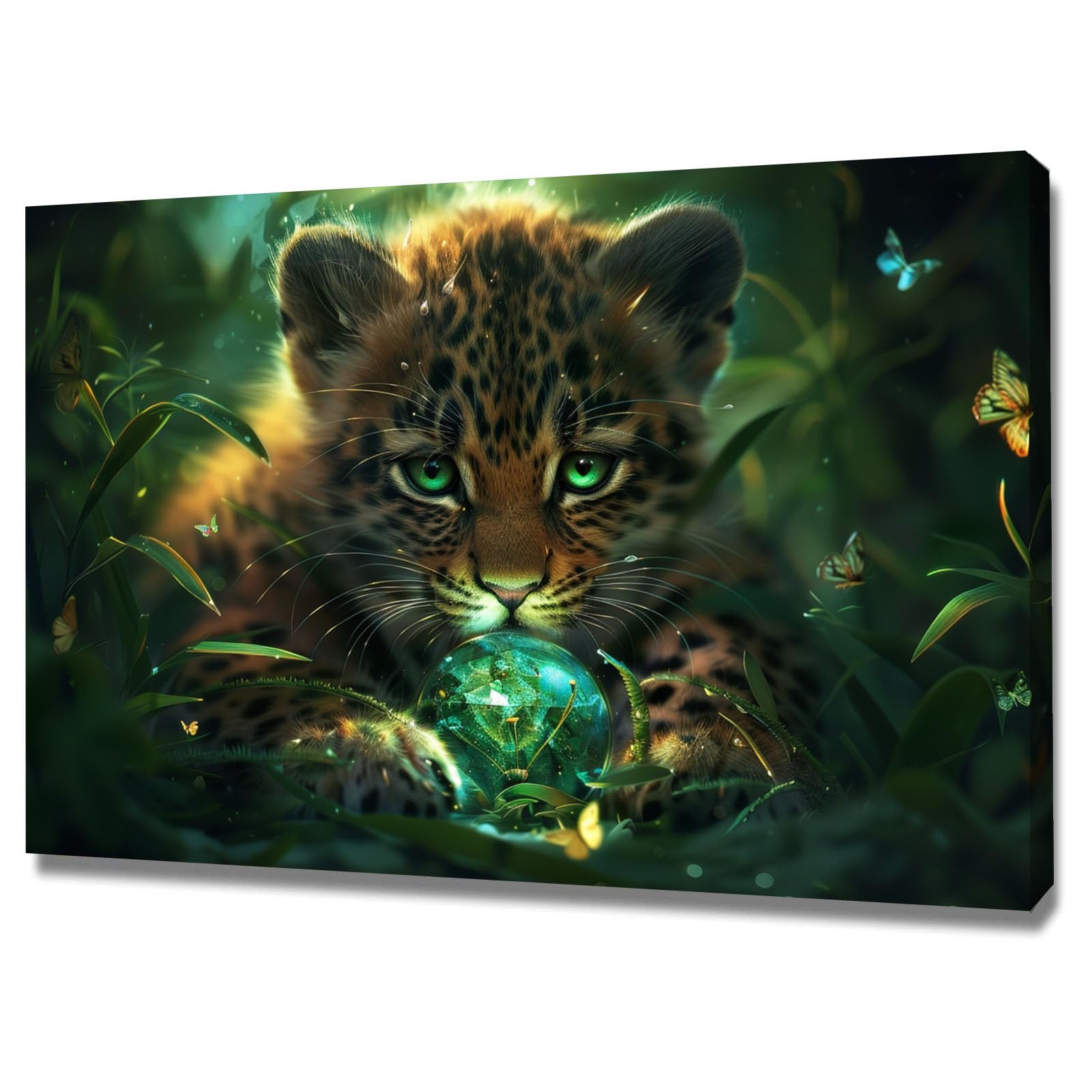 TERUEA Funny Bathroom Wall Art Decor, Leopard Cub Green Jungle Ball Butterfly Wildlife (Green)-20x30cm Framed