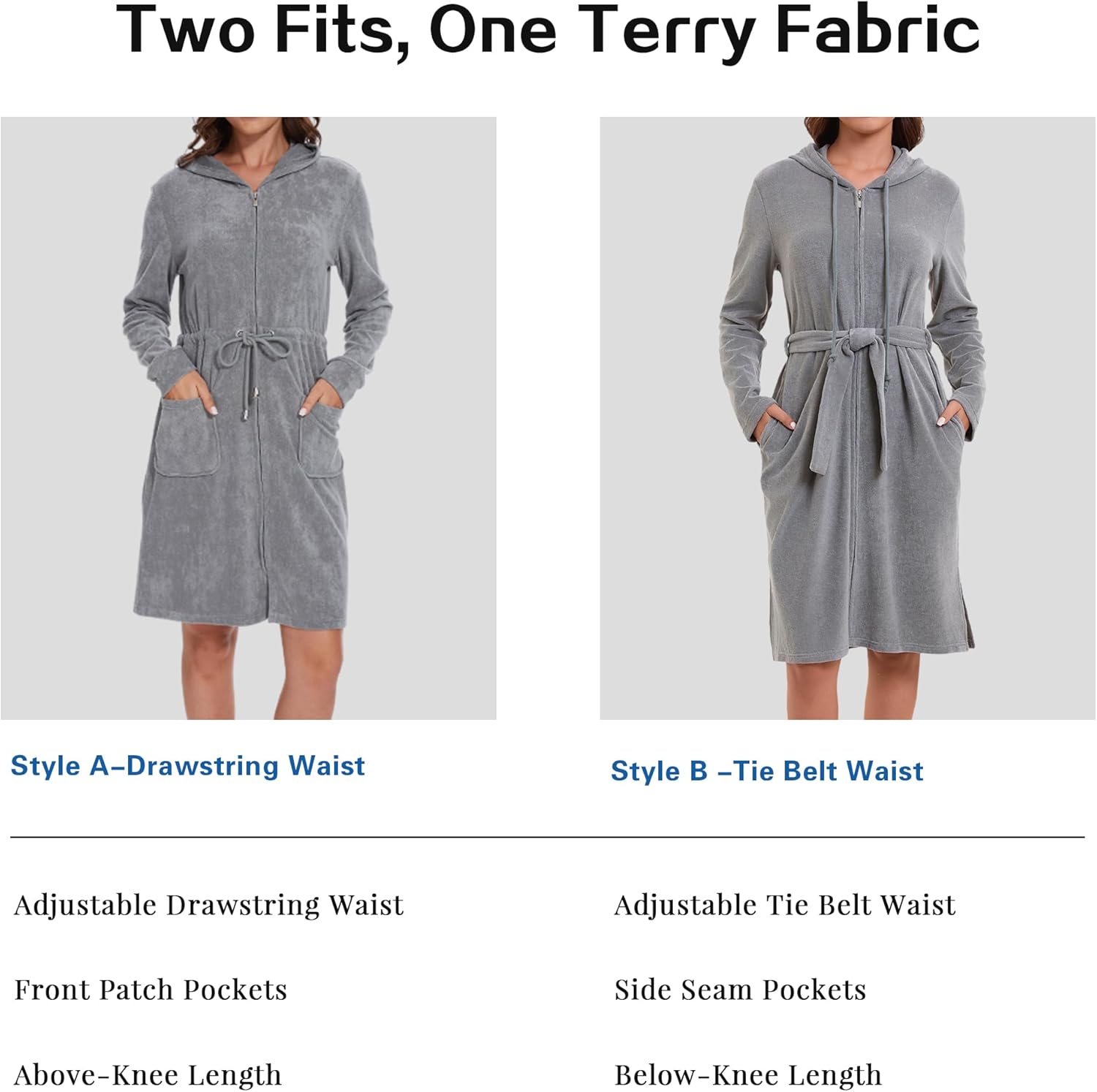 Women Terry Cloth Zipper Robe Zip Up Bathrobes with Pockets Hooded Cotton Housecoat Nightgown Loungewear Sleepwear - Image 6