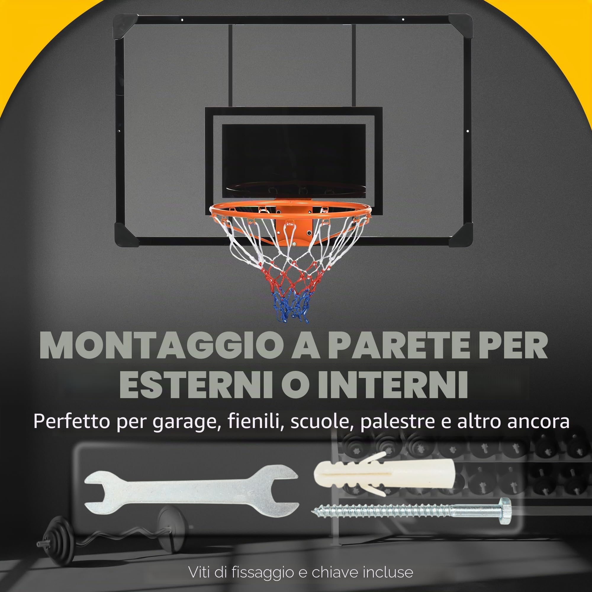 SPORTNOW Canestro da basket a muro, canestro da basket, con tabellone infrangibile, canestro in acciaio e rete antistrappo, vite di montaggio e chiave, per uso esterno, nero, trasparente, arancione
