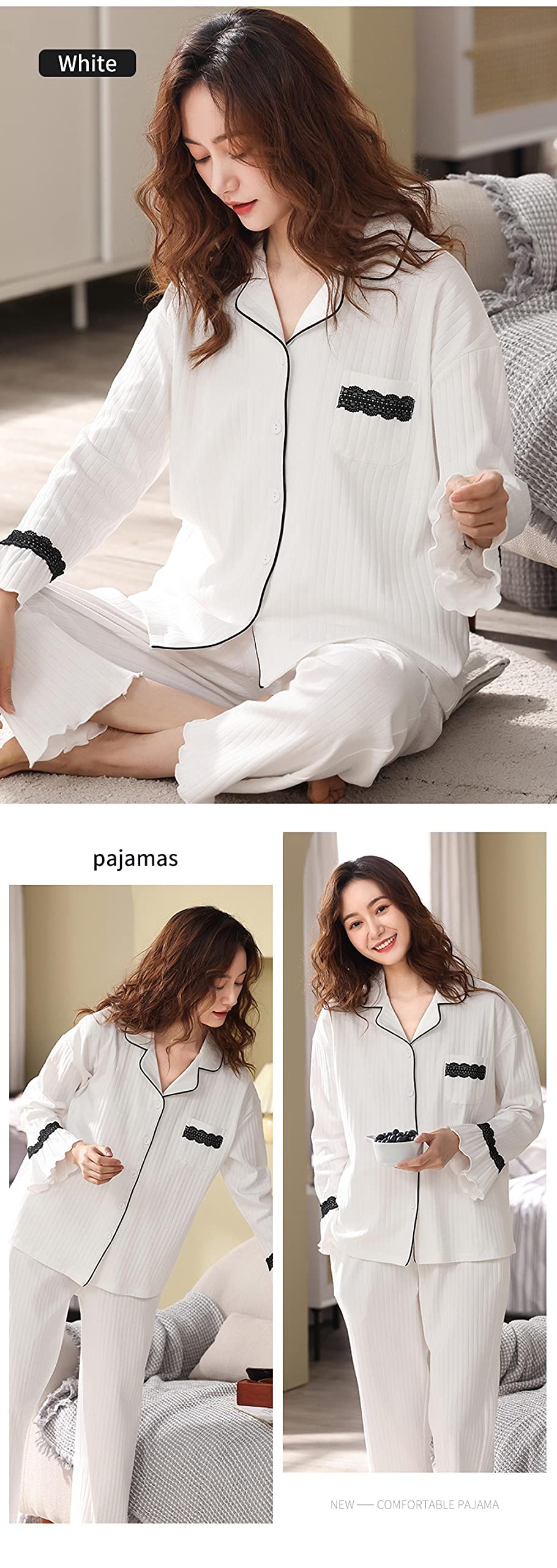 Un Pijama Cómodo Pijamas De Mujer Pijamas De Mujer Pijamas De Mujer Conjuntos De Pijamas De Algodón 100% 2 Piezas Pijamas Ropa De Dormir Femenina para El Hogar Casual,White-XXL