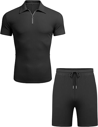 Miniatura 4 de URRU Conjunto de camisa polo y pantalones cortos para hombre, trajes de verano casuales de manga corta para hombre, conjunto de 2 piezas con