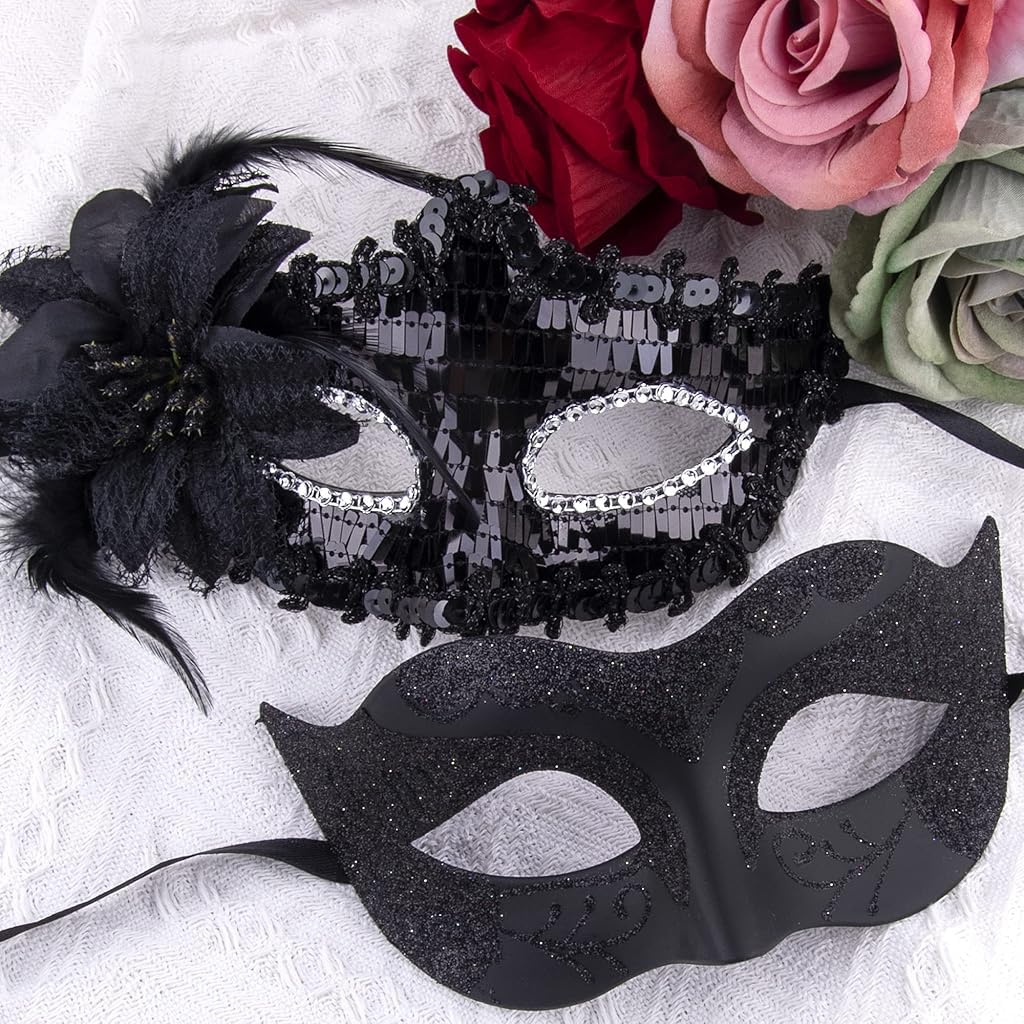 PATPAT® 2 Pack Black Masquerade Mask for Women & Men, Venetian Carnival Halloween Cosplay Party Mask, Couple Venetian Masks Sequin Face Cover Masks for Party Night Club Carnivals Masquerade Balls 3