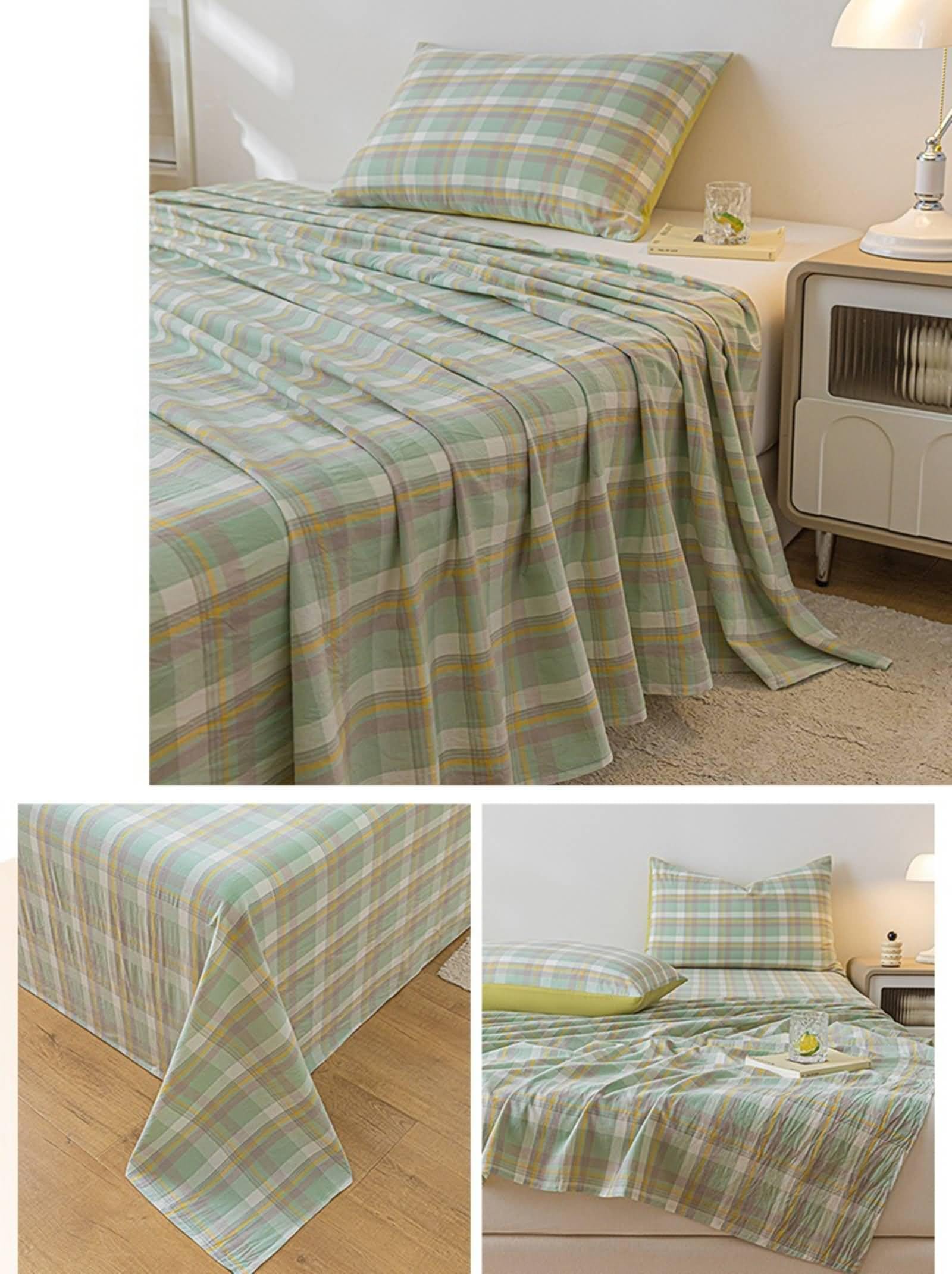 Sábanas de algodón, sábana vintage con patrón de celosía verde y amarillo con 2 fundas de almohada de 91 x 63 pulgadas