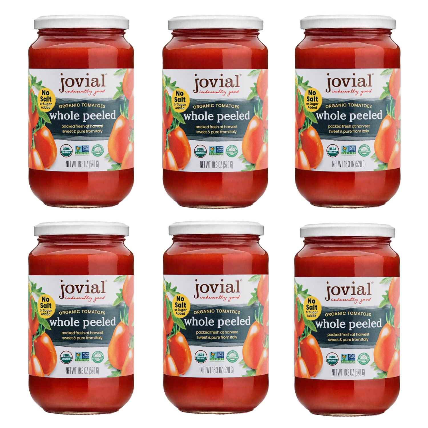 Jovial Whole Peeled Tomatoes - Organic Tomatoes, Non-Gmo, Usda Certified Organic, No Additives, Bpa-Free, No Added Sugar, No Salt Added, Recyclable Glass, Made In Italy - 18.3 Oz, 6 Pack