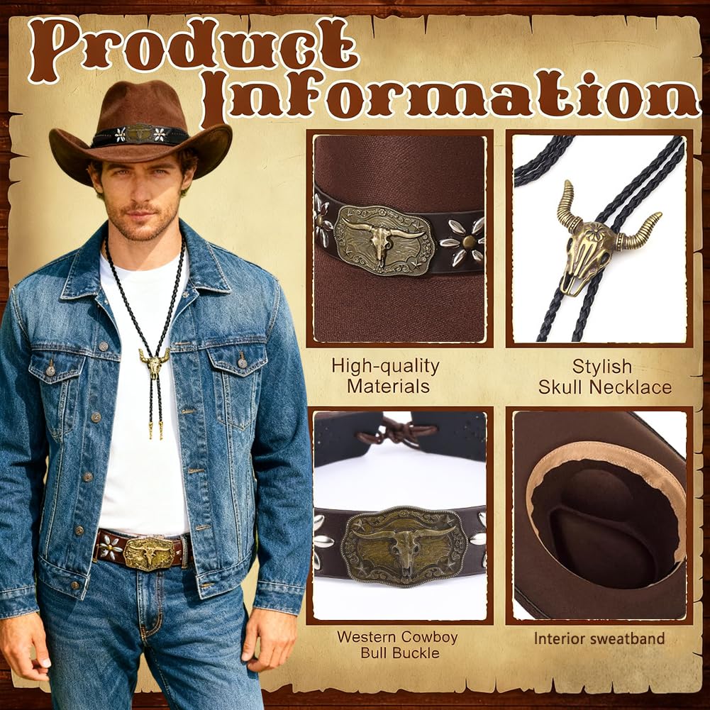 Cappello Cowboy Stile Western Con Decorazione In Bronzo E Accessori In Pelle, Perfetto Per Carnevale, Halloween, Feste A Tema E Occasioni Speciali Per Adulti