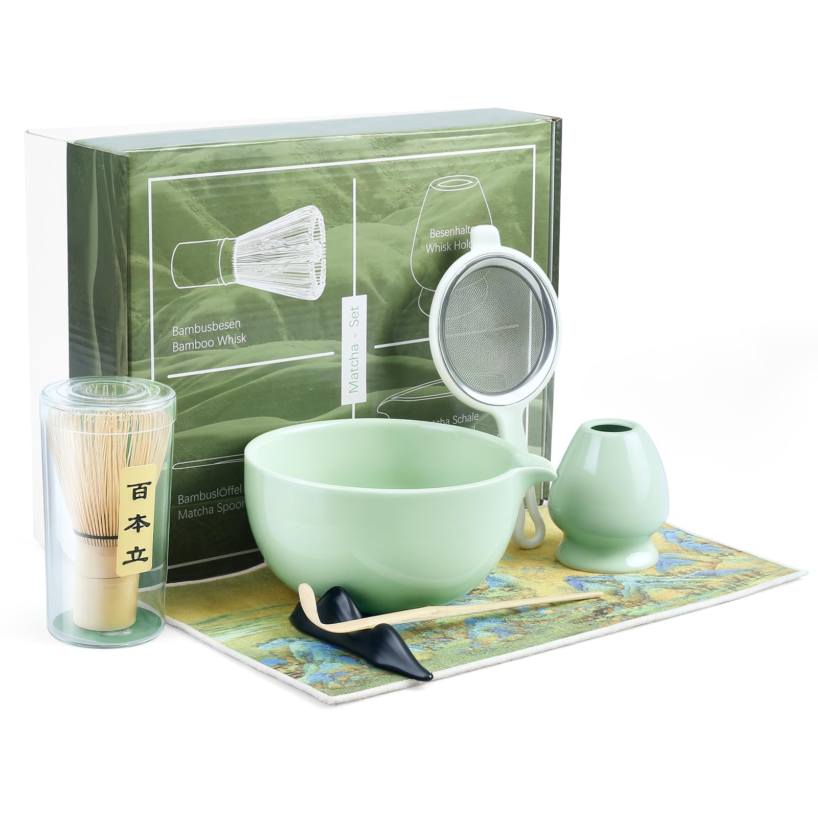 7 PCS Matcha Whisk Set, Matcha Kit with Ceramic bowl, Bamboo Whisk and Holder, Stainless Sifter, Scoop and Tea Cloth for Making Matcha Latte Coffee Tea (Green)