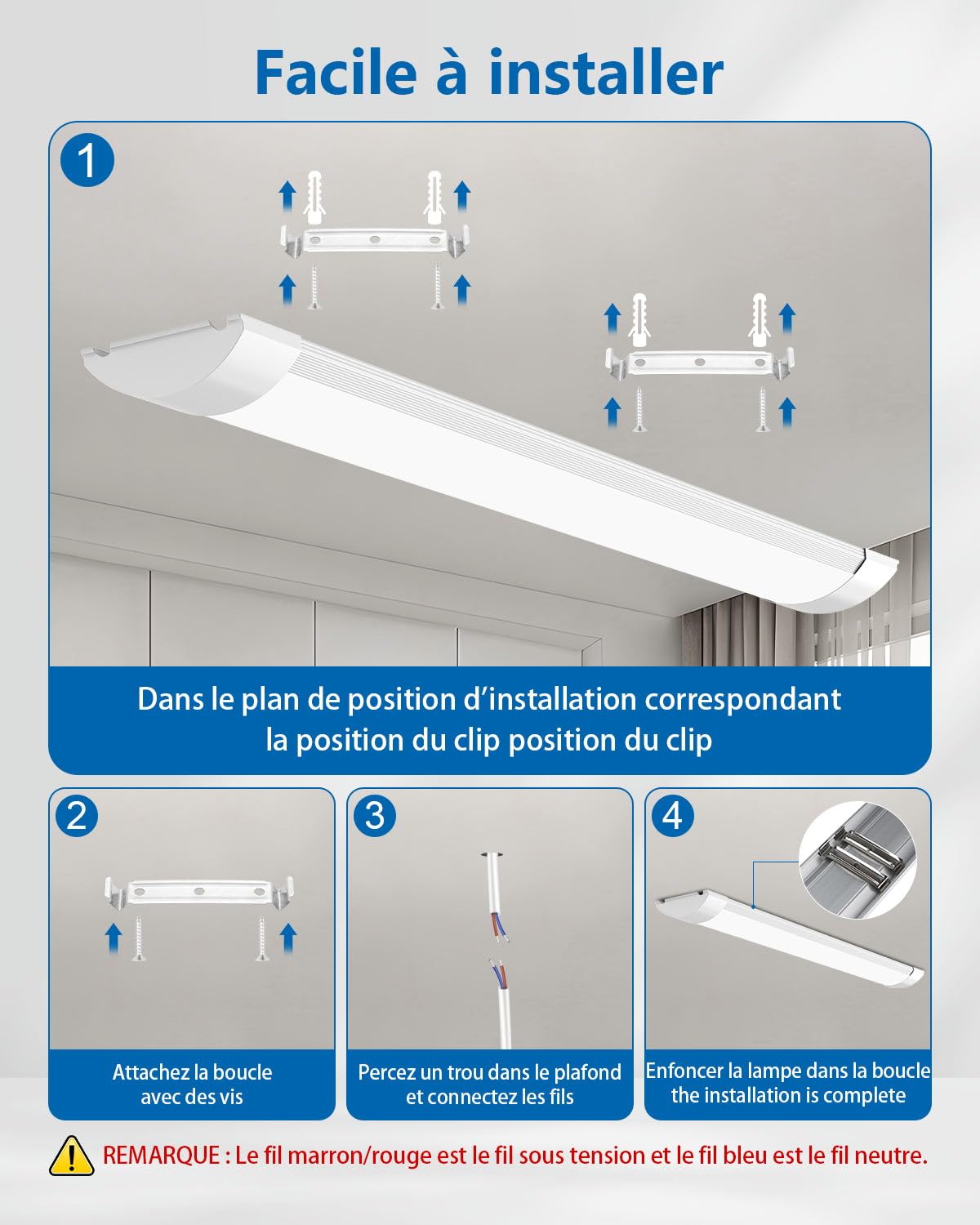 Réglette LED étanche 120CM 40W 4800LM Blanc Froid 6500K Plafonnier Exterieur LED Aluminium PC Luminaire