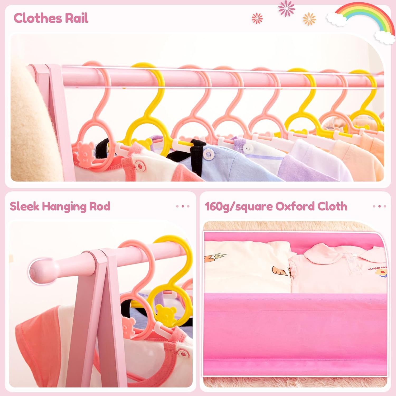 Kids Clothing Rack with Storage Box, Dress up Holder, Child Garment Hanger with Hanging Rods, Small and Foldable, Bamboo (Pink)