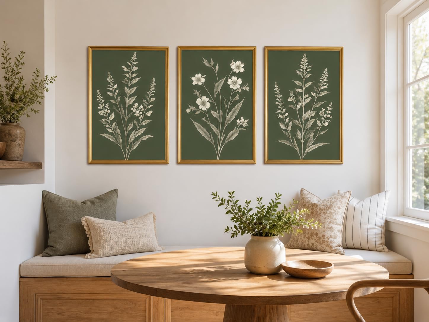 Tríptico botánico enmarcado de salvia verde para pared, 12 x 16 pulgadas