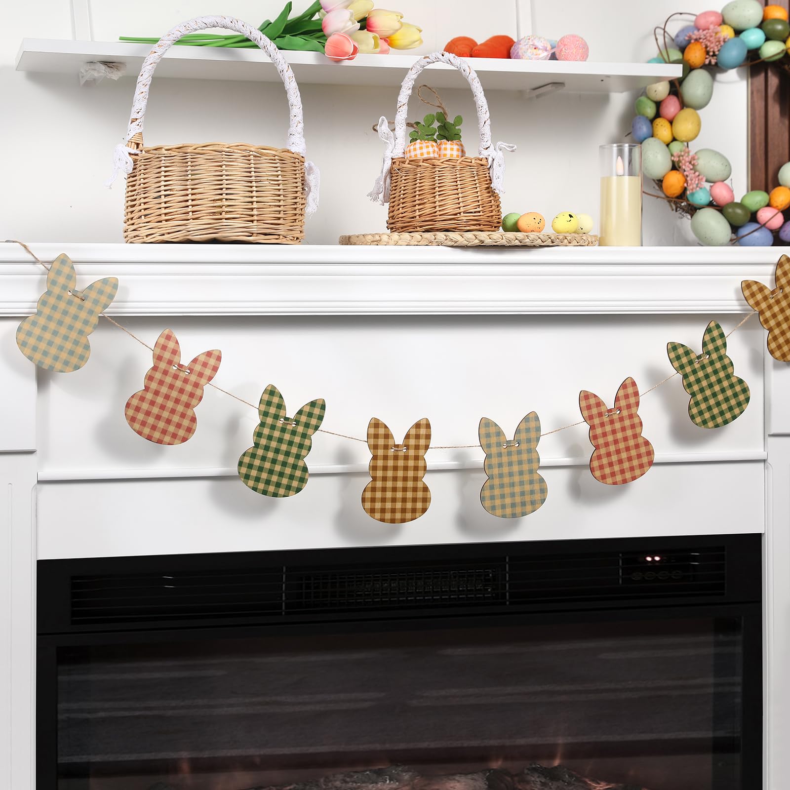 Easter Decorations-Retro Wooden Bunny Garland for Easter Decor-Reusable Bunny Peeps Banner Garland for Fireplace Mantel Window Walls Decor