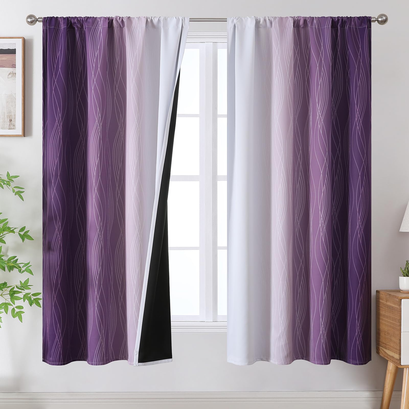 Estelar Textiler Purple and Greyish White Ombre Blackout Curtains 63 Inches Long, Rod Pocket Thermal Insulated Curtains for Bedroom, Full Room