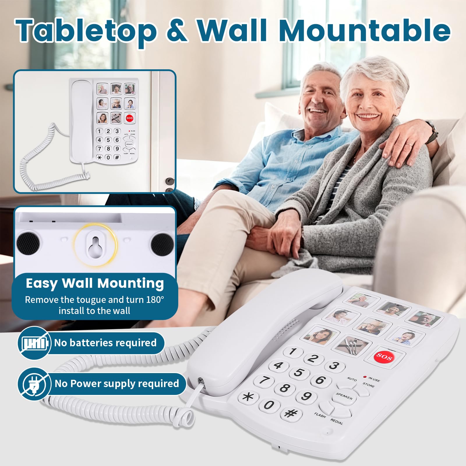 Teléfonos para personas mayores, teléfono de demencia para personas mayores, teléfono fijo con cable de memoria de 9 imágenes para ancianos, dial de un solo toque, timbre amplificado de 110 dB+,