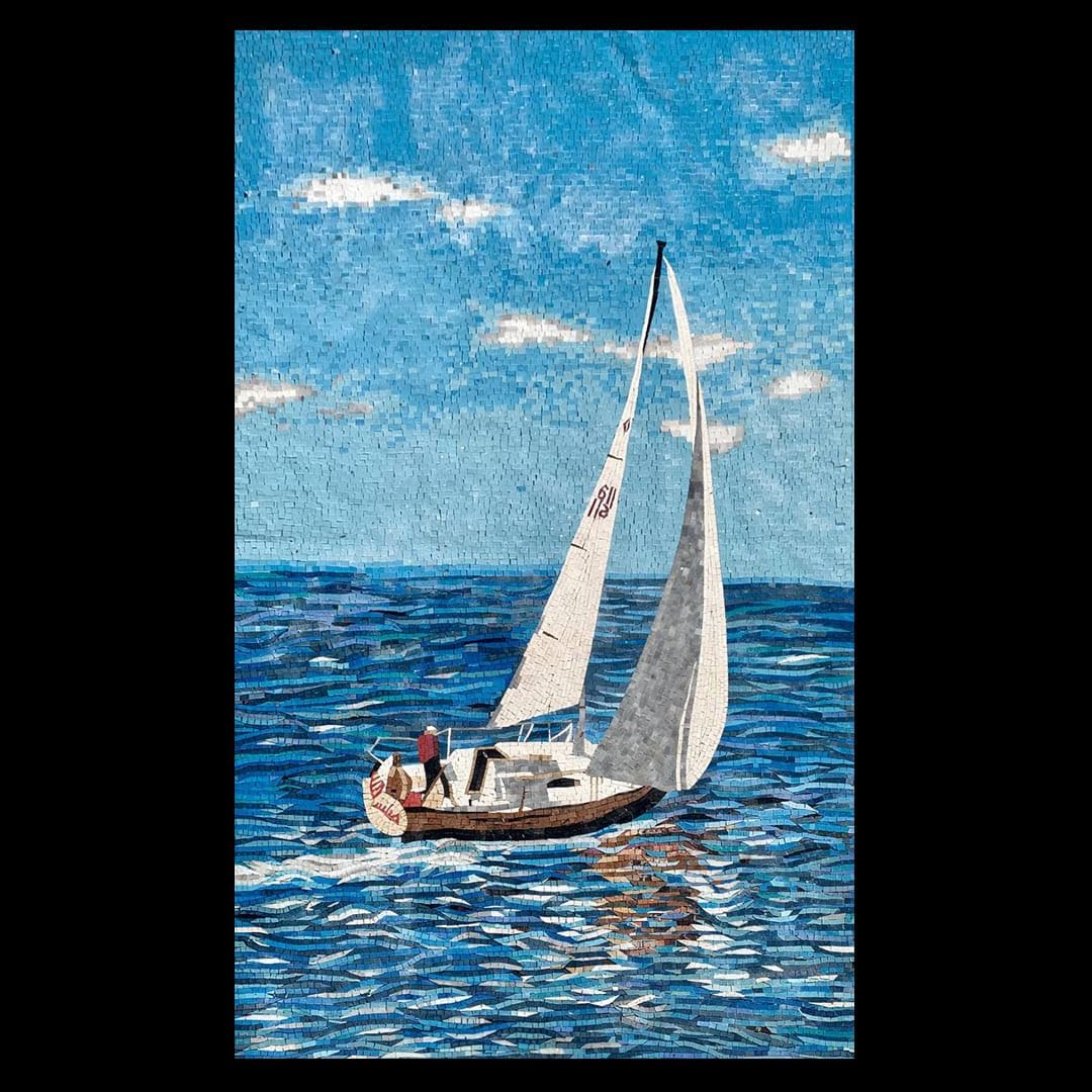 Handmade Sailboat Marble Mosaic Wall Art, Coastal Stone Mosaic Artwork, Hand-Cut Nautical Contemporary Wall Décor