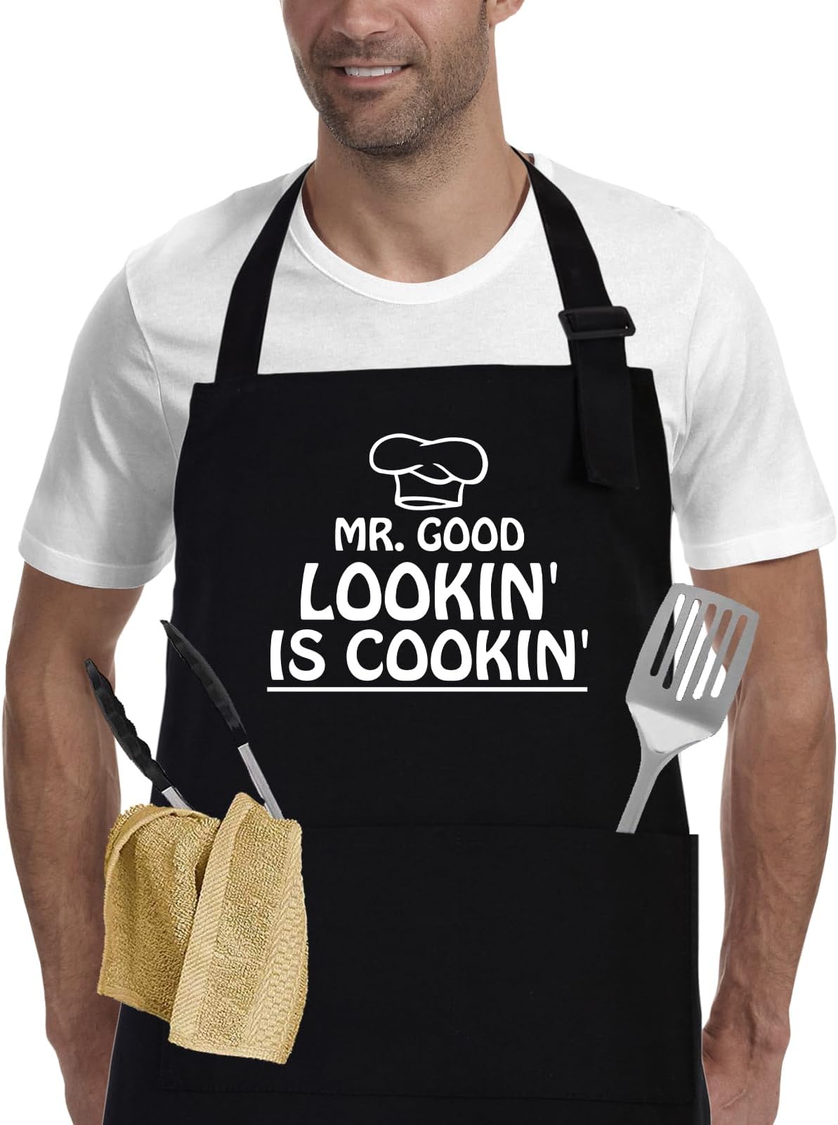 Kitchen Cooking BBQ Aprons for Men with Pockets, Adjustable Chef Apron, Funny Gifts for Men, Dad, Husband, Grandad Birthday Gifts