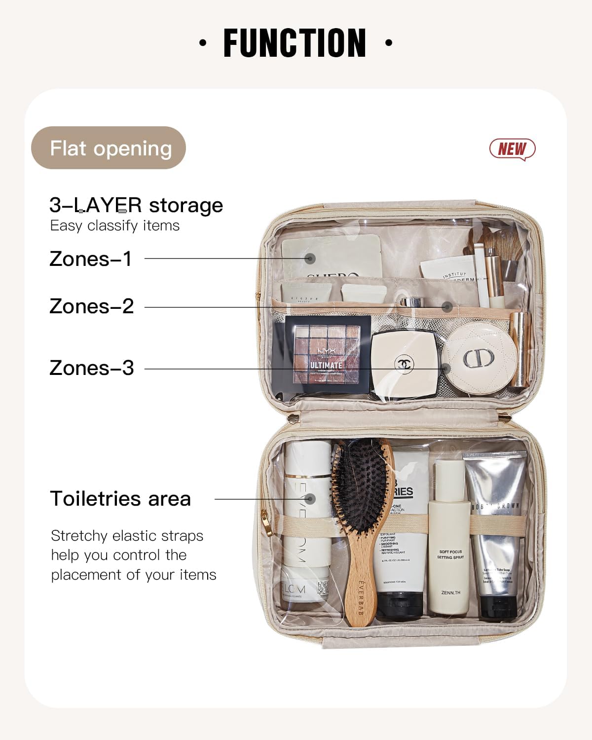 EACHY Toiletry Bag with Hanging Hook, Travel Makeup Bag PU Leather Cosmetic Bags for Women Make Up Organizer with 4 Compartments Waterproof Full-Size Portable Travel Essentials (Beige) - Image 4