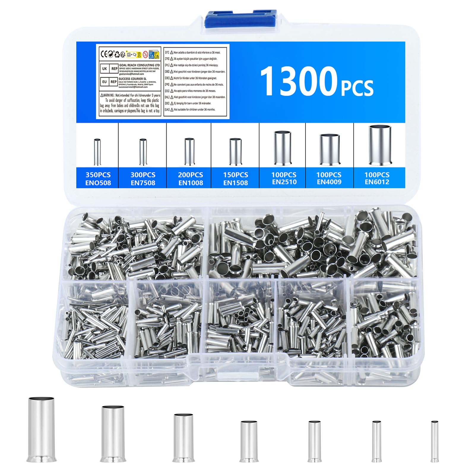 1300 Pcs Bootlace Ferrules, Electric Wire Connectors, Wire Ferrules Kit, Non-Insulated Electrical Crimp Connectors, 10-22 AWG Tinned Copper Cable Crimps, Ferrule Crimp Terminals for Electrical Autos