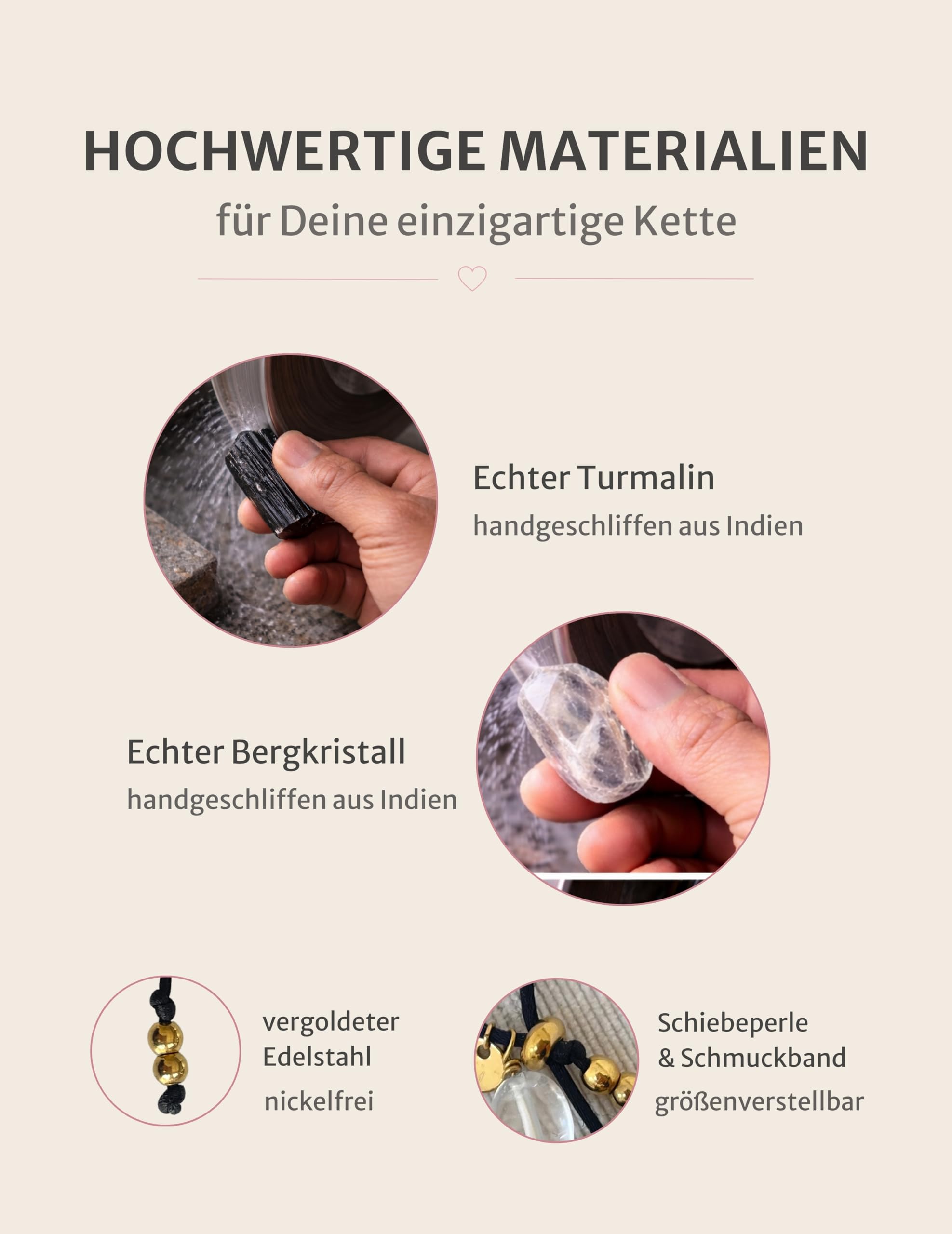 happymaker – Collana con Tormalina nera e Cristallo di rocca, pietre naturali, cordino nero con perline placcate oro 18 k, regolabile, fatto a mano in Germania