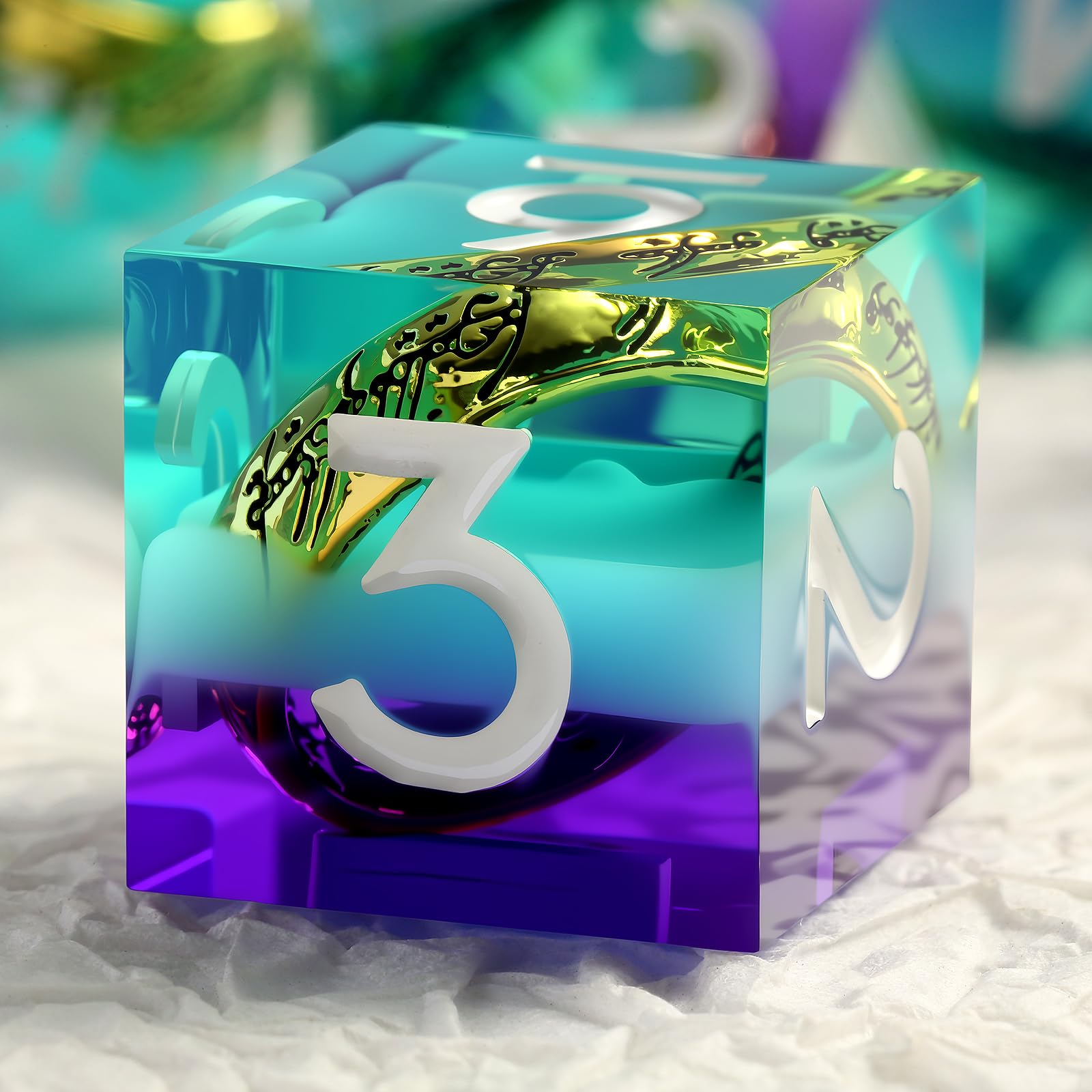 DNDND Mixed Purple & Aqua Blue Dice Set with Golden Rings Inside - 7-Piece Sharp Edge RPG DND Dice in Metal Case, Collector's Gift