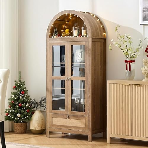 TYBOATLE Armario de despensa arqueado de 71 pulgadas de alto con cajón innovador, armario de cocina con dispositivo antivuelco y puerta de vidrio,