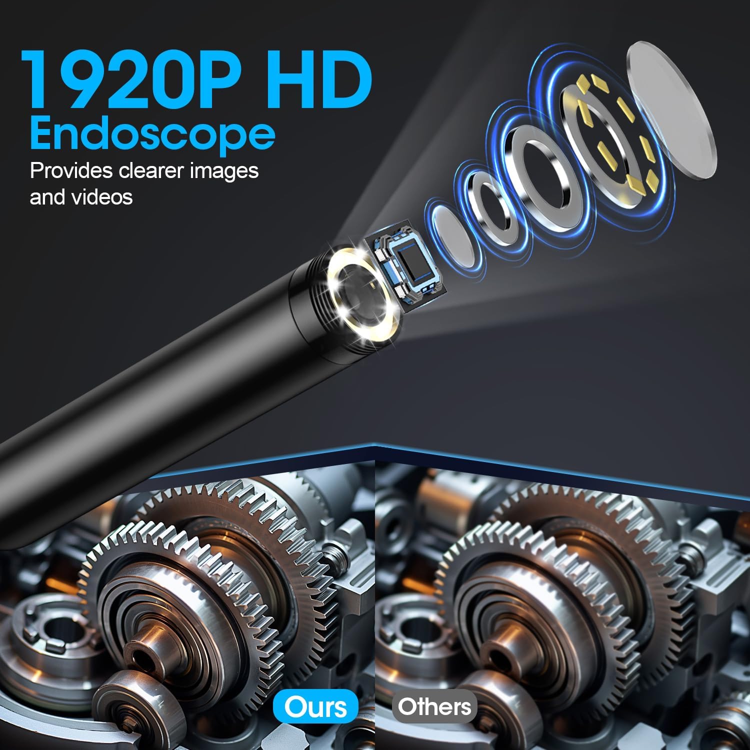Endoscope with Light, 1920P HD Borescope with 8 Adjustable LED Lights, 16.4FT Semi-Rigid Snake Camera, IP67 Waterproof Inspection Tool for iPhone & Android - Single Lens (Black)