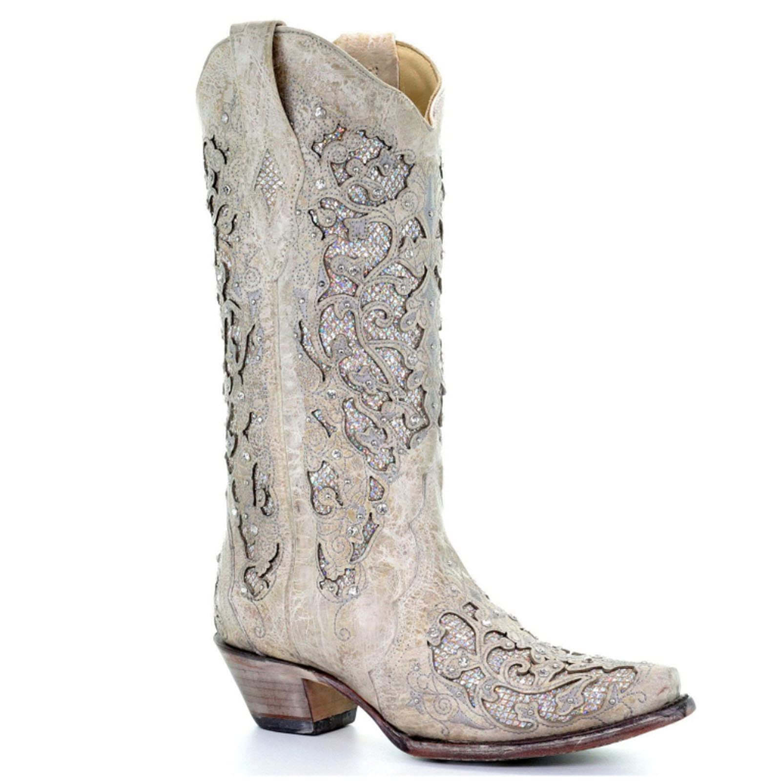 VOMIRA Mid Calf Boots for Women Vintage Pointed Toe Rhinetones Wood Heel Pull On Cowgirl Boots Fashion Western Knight Boots