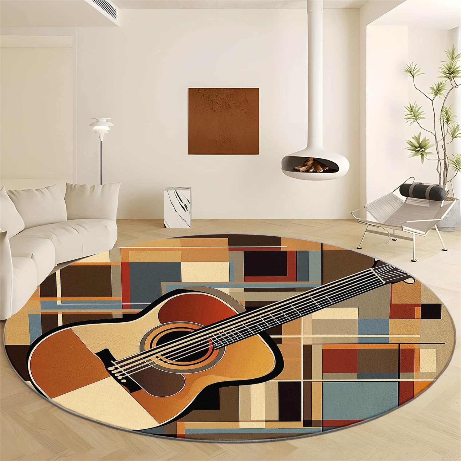 Area Rug 6' x 6' Round Rug, Music Theme Guitar Square Washable Non-Slip Rugs, Music Guitar Print Low Pile Carpet, Circular Decorate Rugs for Living